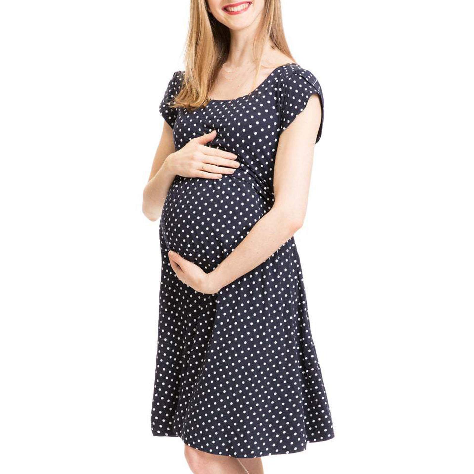 Maternity Dress for Women - Polka Dot & Floral Print T-Shirt Dress - Comfortable Pregnancy Outfit for Baby Shower, Maternity Photo Shoot & Casual Wear
