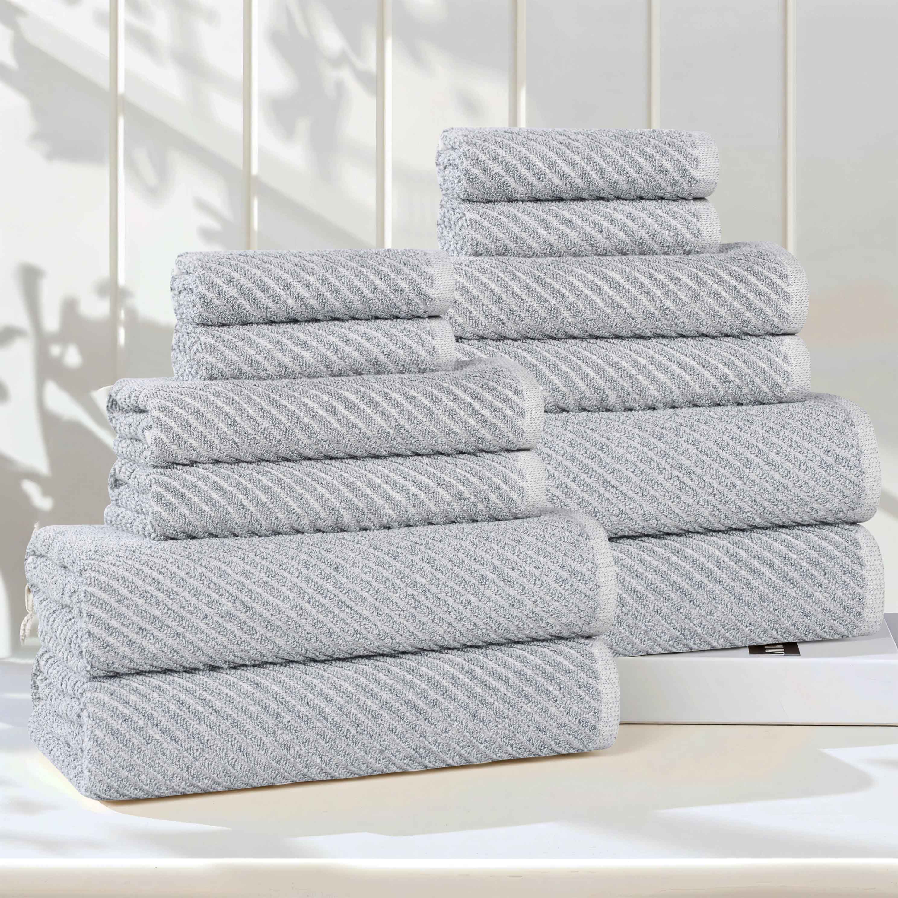 Amelia 12-Piece Cotton Blend Towel Set - Medium Weight Diagonal Stripes for Bath, Spa & Beach - Soft & Absorbent Luxury Towels