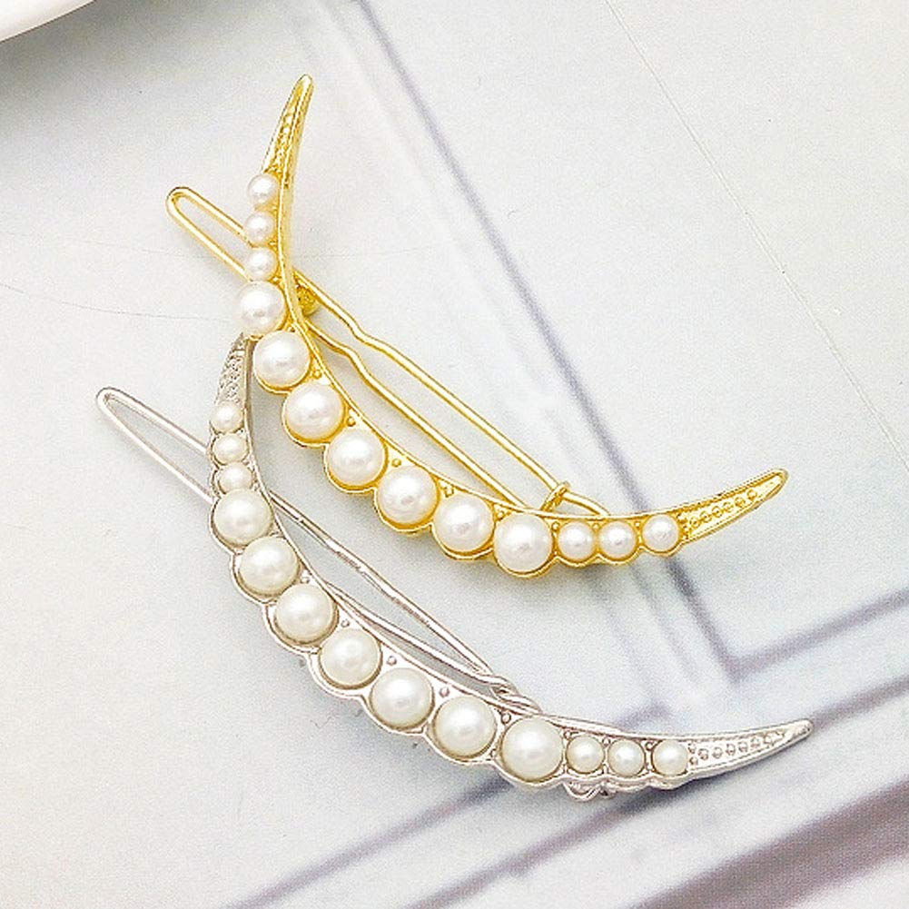 4 Pcs Pearl Hair Clips - Metal Moon Circle Shaped Frog Buckle Hairpins for Women & Girls | Barrettes Hair Accessories for Wedding, Party & Everyday Use