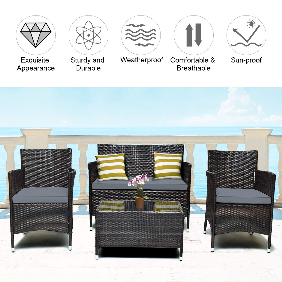 Tangkula 4-Piece Patio Rattan Conversation Set with Tempered Glass Coffee Table & Thick Cushions - Outdoor Wicker Furniture for Garden, Lawn, Poolside & Backyard (Gray) - Perfect for Relaxing, Entertaining & Outdoor Dining