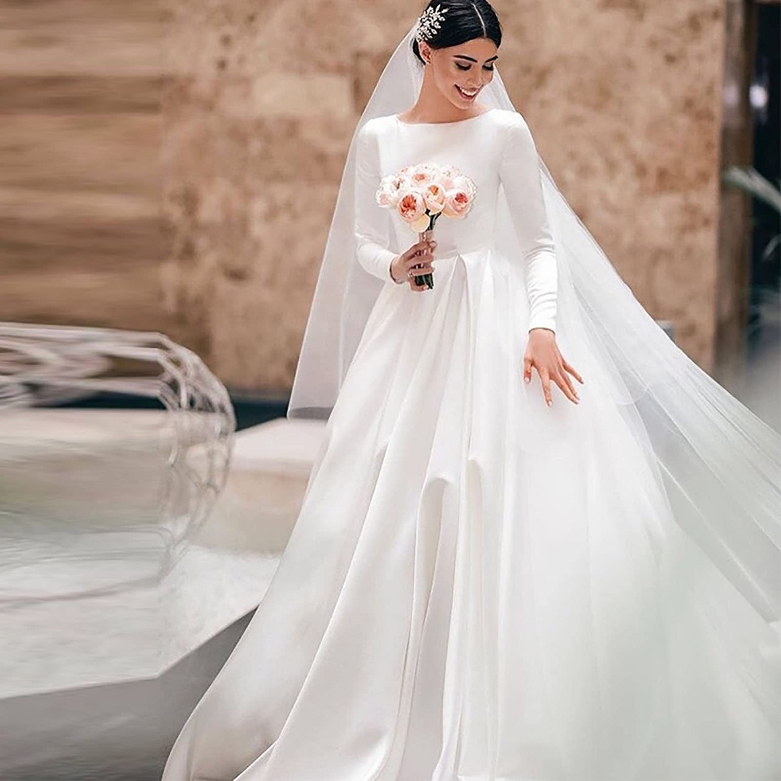 Elegant Women's Wedding Ball Gown - Round Neck Long Sleeve Formal Party Dress with Flowing Skirt | Perfect for Bridal Ceremonies, Evening Galas and Special Occasions