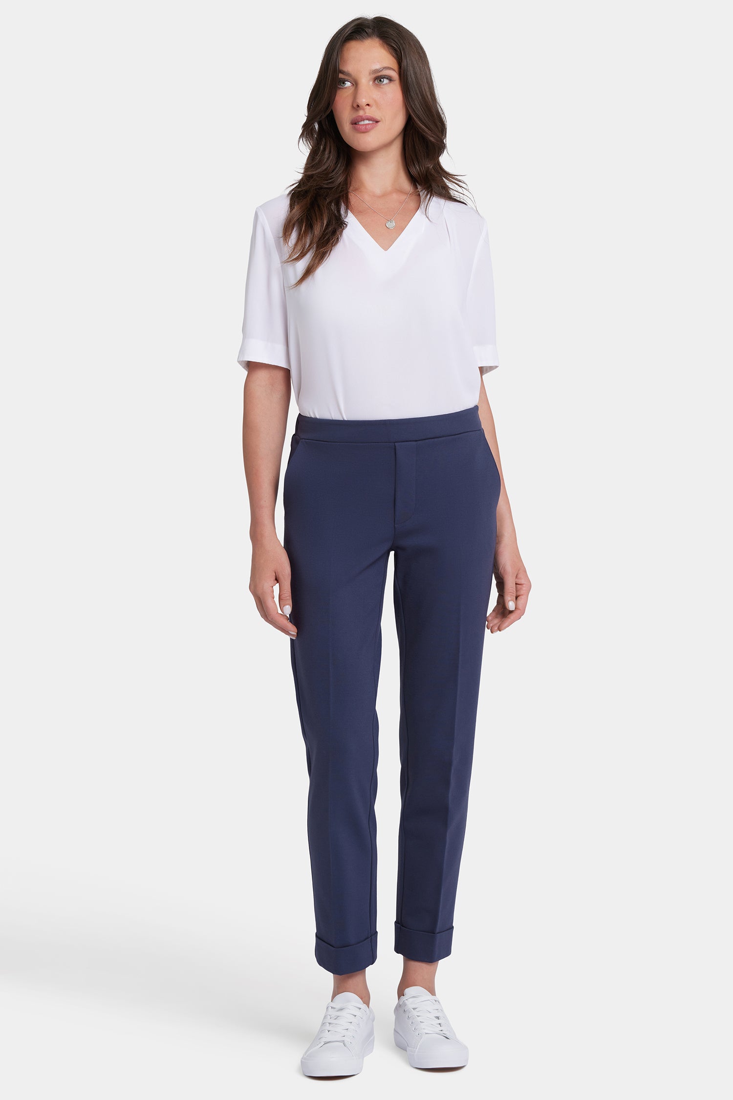 Cassidy Ankle Pull On Trouser Pants for Women - Comfortable Stretch Oxford Navy Slacks for Work, Office & Business Casual Wear