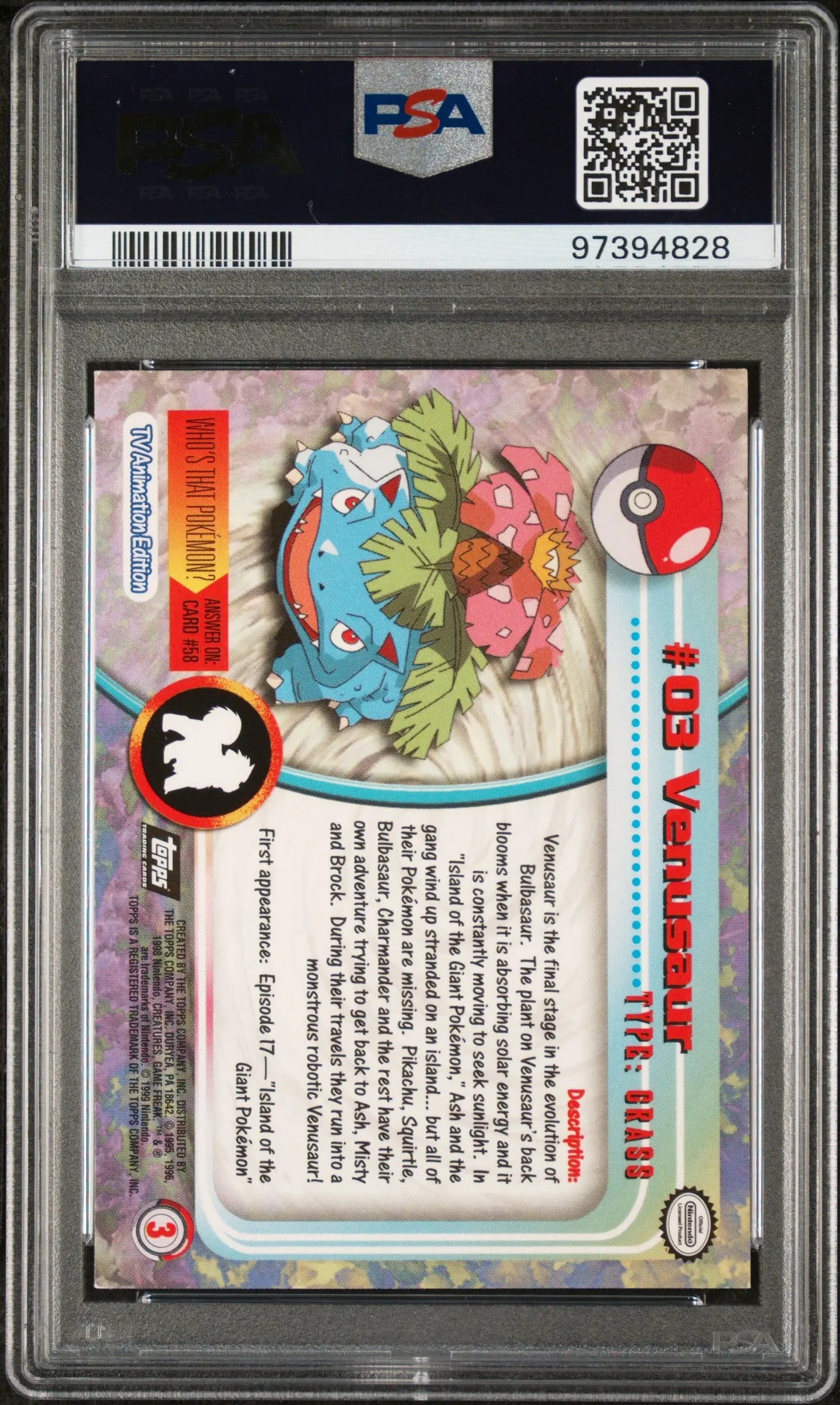 1999 Topps Pokemon TV Venusaur #3 PSA 7 Graded Card - Rare Collectible for Pokemon Fans & Trading Card Game Enthusiasts | Perfect for Display, Investment & Battling Decks