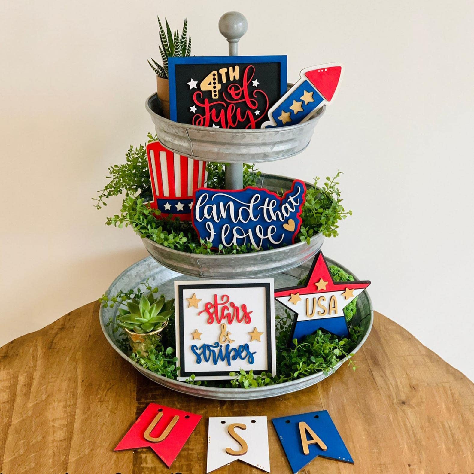 9-Piece 4th of July Tiered Tray Decor Set - Patriotic USA Flag Themed Red White Blue Table Decorations with Stars & Stripes - Perfect for Independence Day, Memorial Day, Summer Kitchen & Home Decor