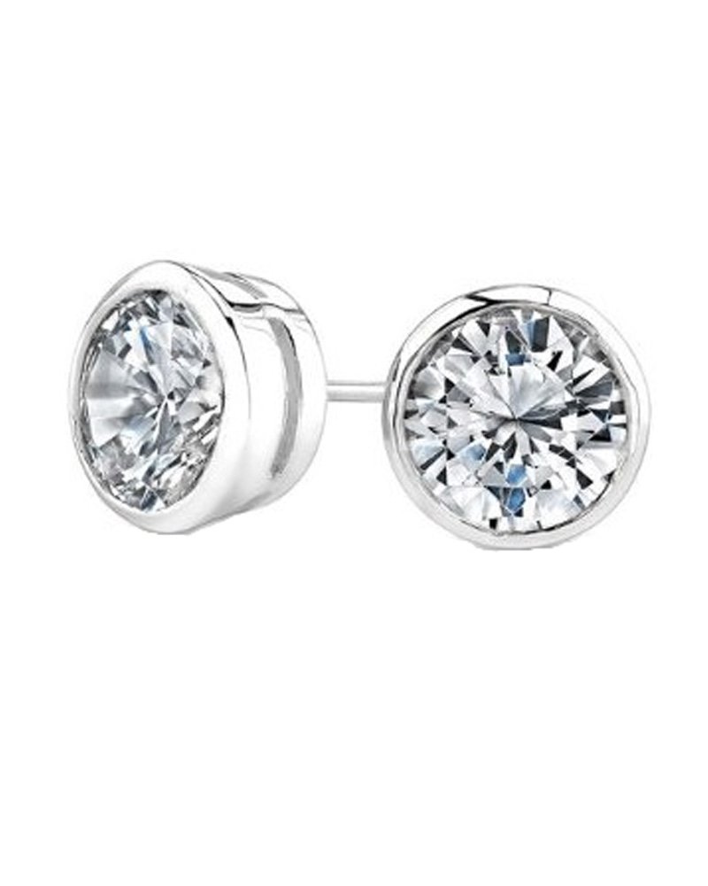 Round Cut CZ Bezel Sterling Silver Basket Set Stud Earrings 9mm - Elegant & Durable Jewelry for Women, Perfect for Daily Wear, Parties & Special Occasions