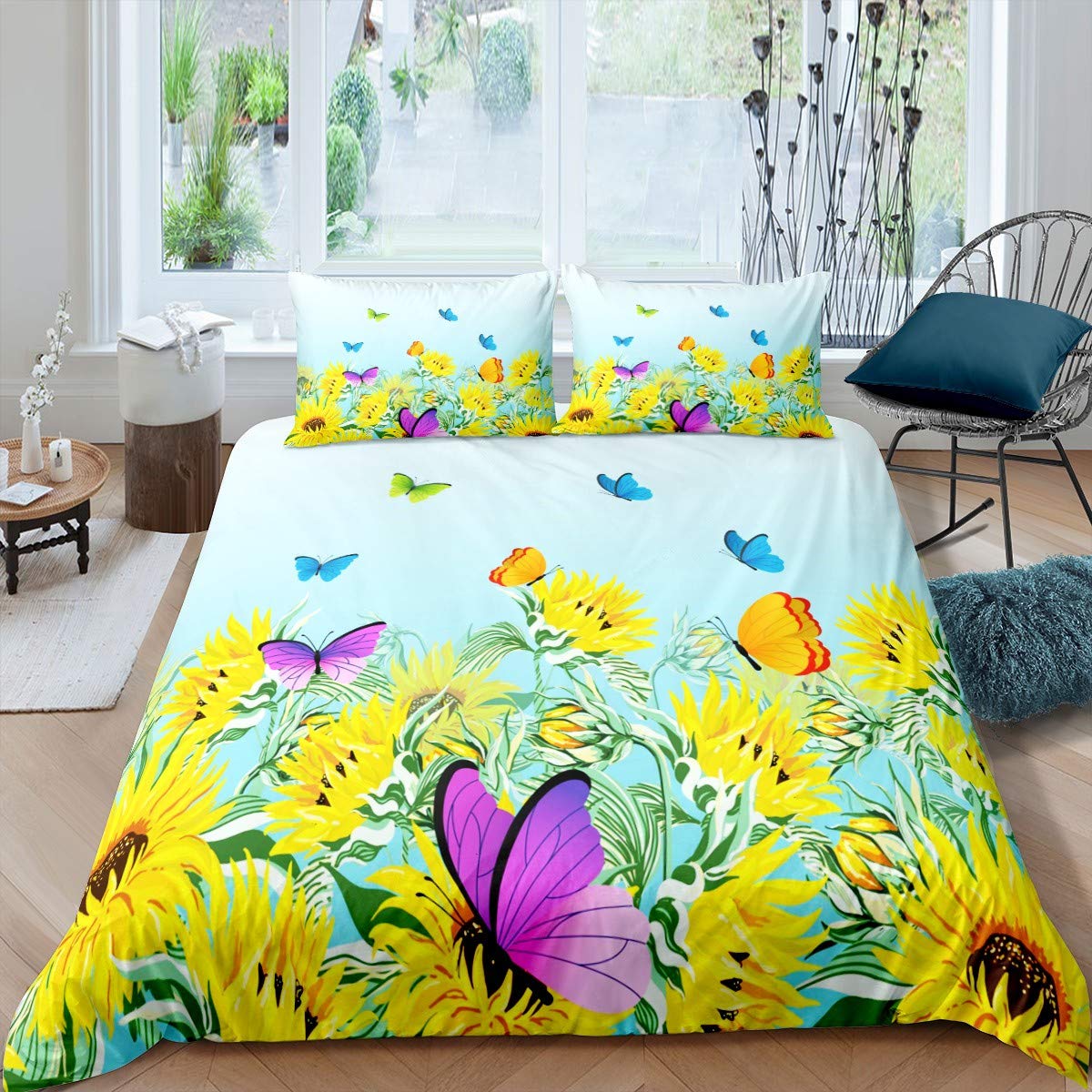 Sunflower Duvet Cover Set - Yellow Floral Print Bedding with Butterflies & Branches Design | 2-Piece Twin Size Kids' Bedroom Decor | Perfect for Boys & Girls Rooms, Dormitories & Nursery Decor