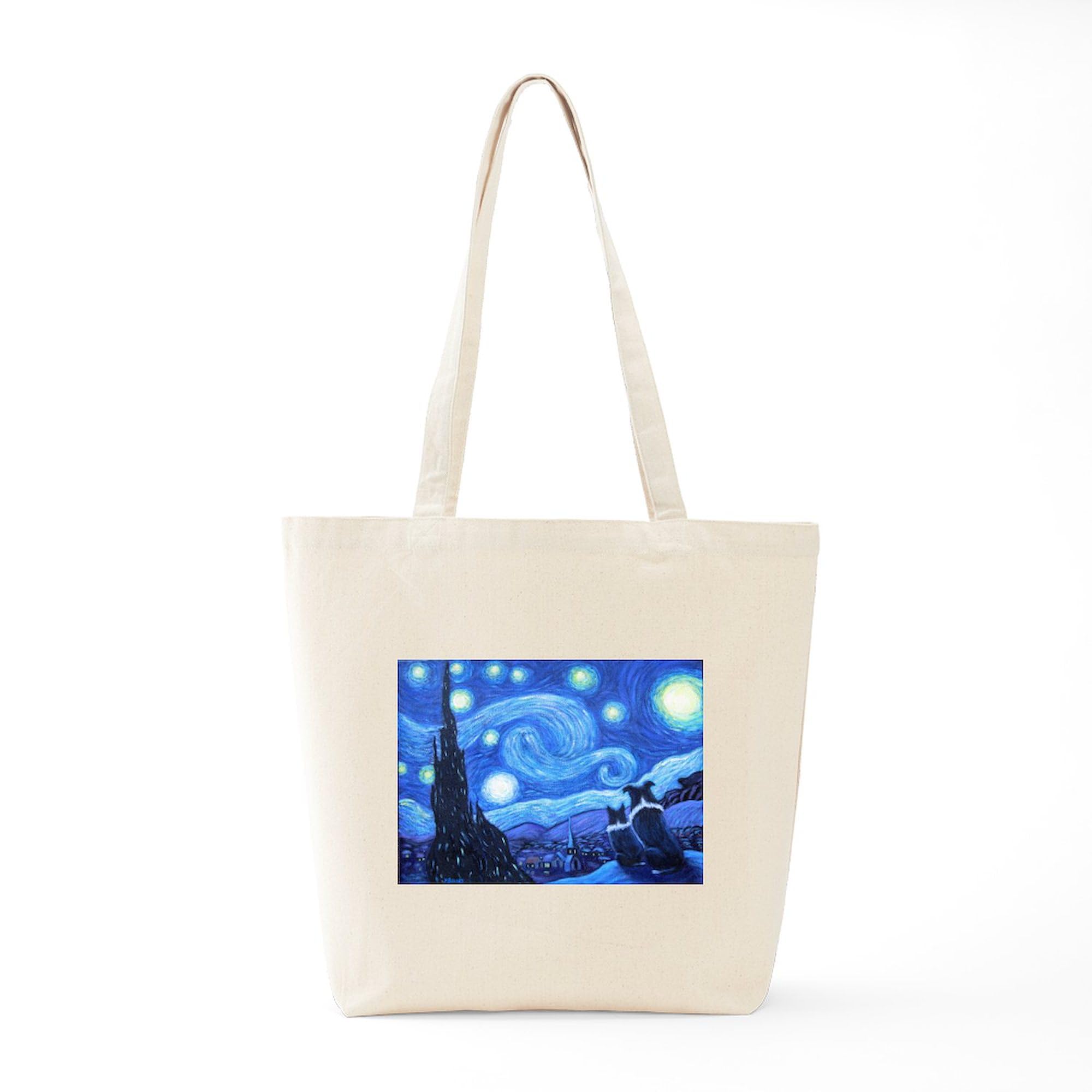 Starry Night Border Collies Canvas Tote Bag - Eco-Friendly Reusable Shopping Bag for Groceries, Beach & Daily Use | Van Gogh Inspired Dog Lover Gift
