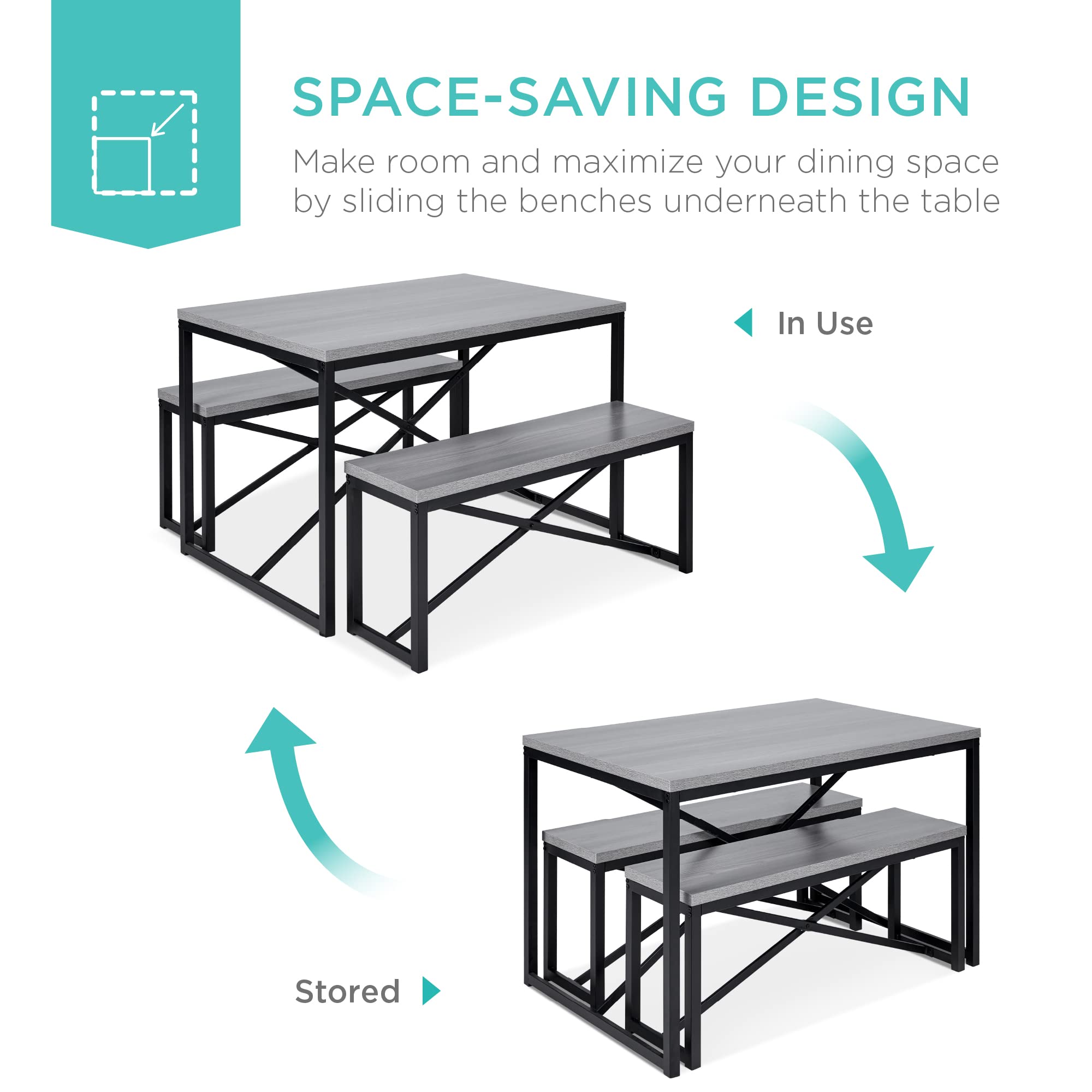 Best Choice Products 45.5in 3-Piece Space Saving Dining Set with Table & 2 Benches - Gray/Black for Kitchen, Small Apartment, Breakfast Nook | Compact 4-Person Dinette Furniture for Dining Room & Kitchenette