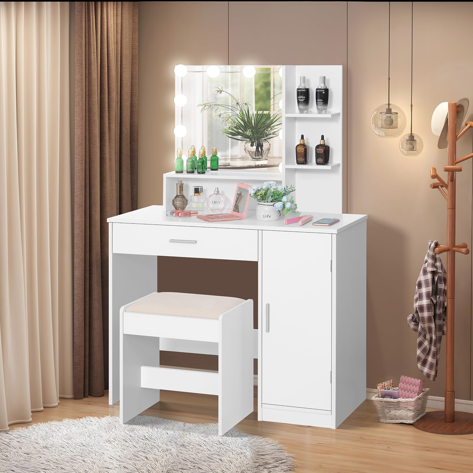 USIKEY White Makeup Vanity Desk Set with Stool - 1 Drawer, 1 Cabinet & 3 Shelves, 3 Adjustable Lighting Modes - Perfect for Bedroom, Dressing Room & Valentine's Day Gift