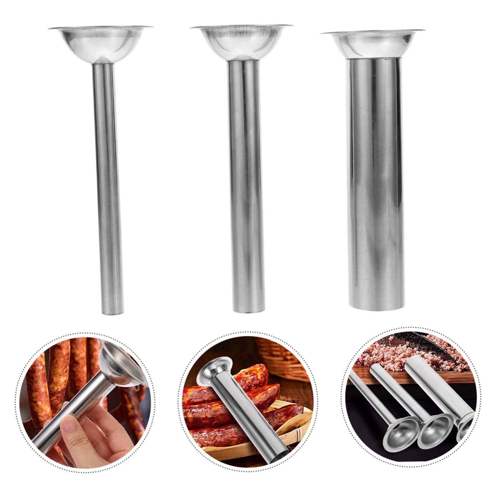 Hemoton 3-Piece Stainless Steel Sausage Stuffer Kit - Meat Grinder Funnel with Salami Tubes & Socking Stuffers - Perfect for Homemade Sausage, Jerky, and Ground Meat Processing - Ideal for Kitchen, BBQ, and Food Prep