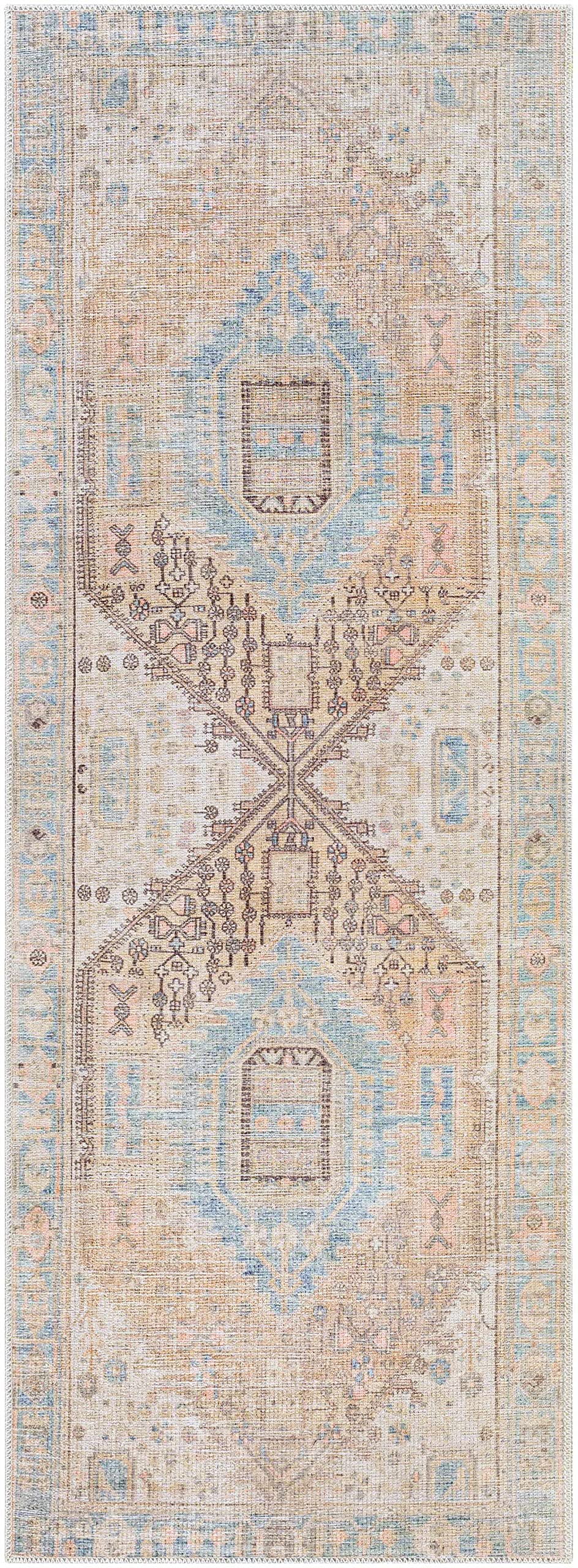 Premium Hauteloom Baloy Washable Area Rug for Living Room & Bedroom - Traditional Design in Coral, Denim, Olive - 5'3