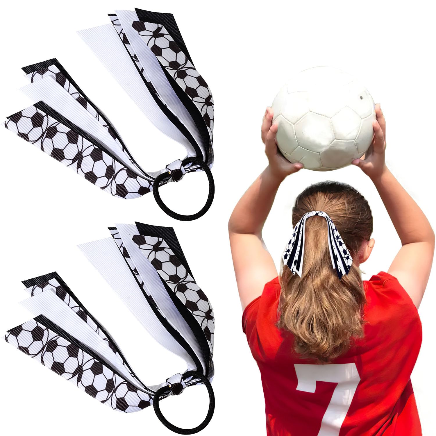 2 Pack Soccer Hair Ties for Girls & Women - Elastic Ponytail Holders with Ribbon - Cheer Team Hair Accessories for Soccer Games, Parties & Sports Events