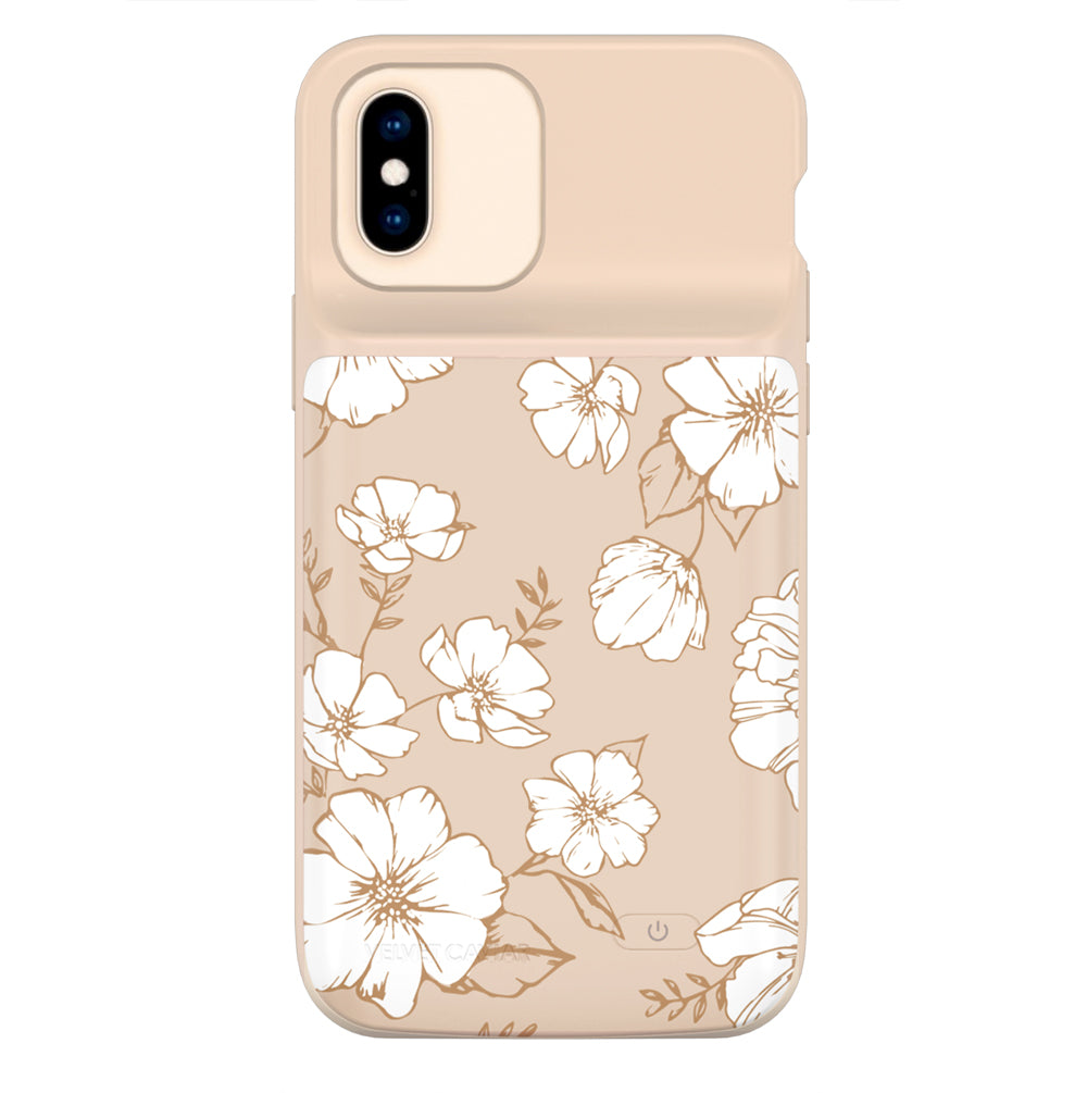 White Floral iPhone Charging Case - Portable Battery Charger for iPhone 11/12/13/14/15 - Perfect for Travel, Work & Daily Use