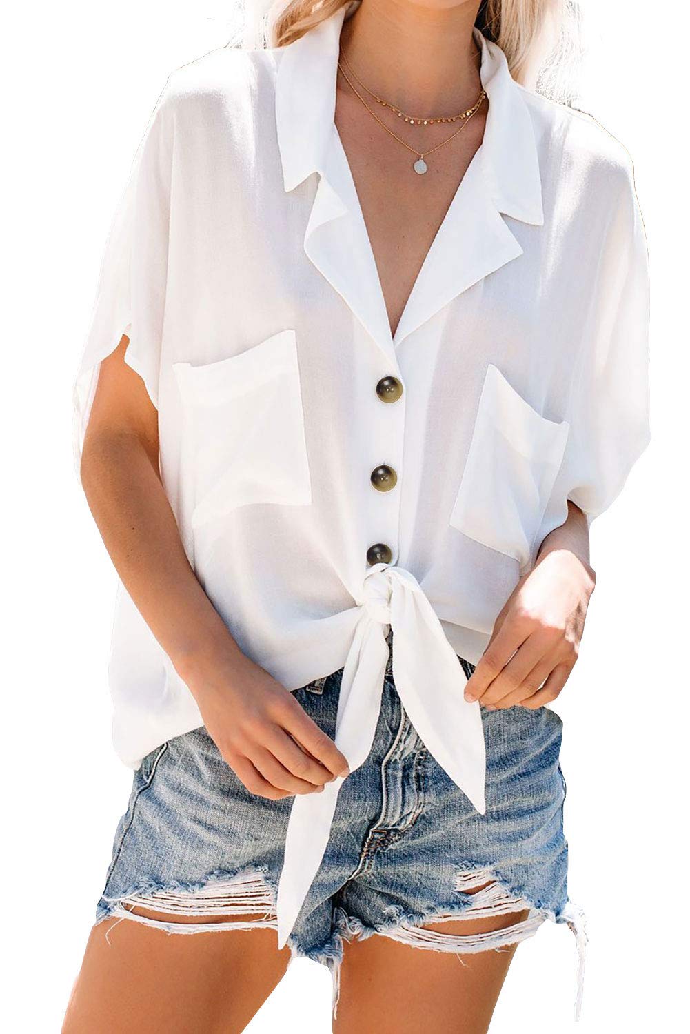 ANCApelion Women's V-Neck Short Sleeve Tie-Front Knotted Casual T-Shirt with Pockets - Loose Fit Button Down Top for Women (X-Large, White) - Perfect for Summer Outfits, Beach Wear & Casual Daily Style