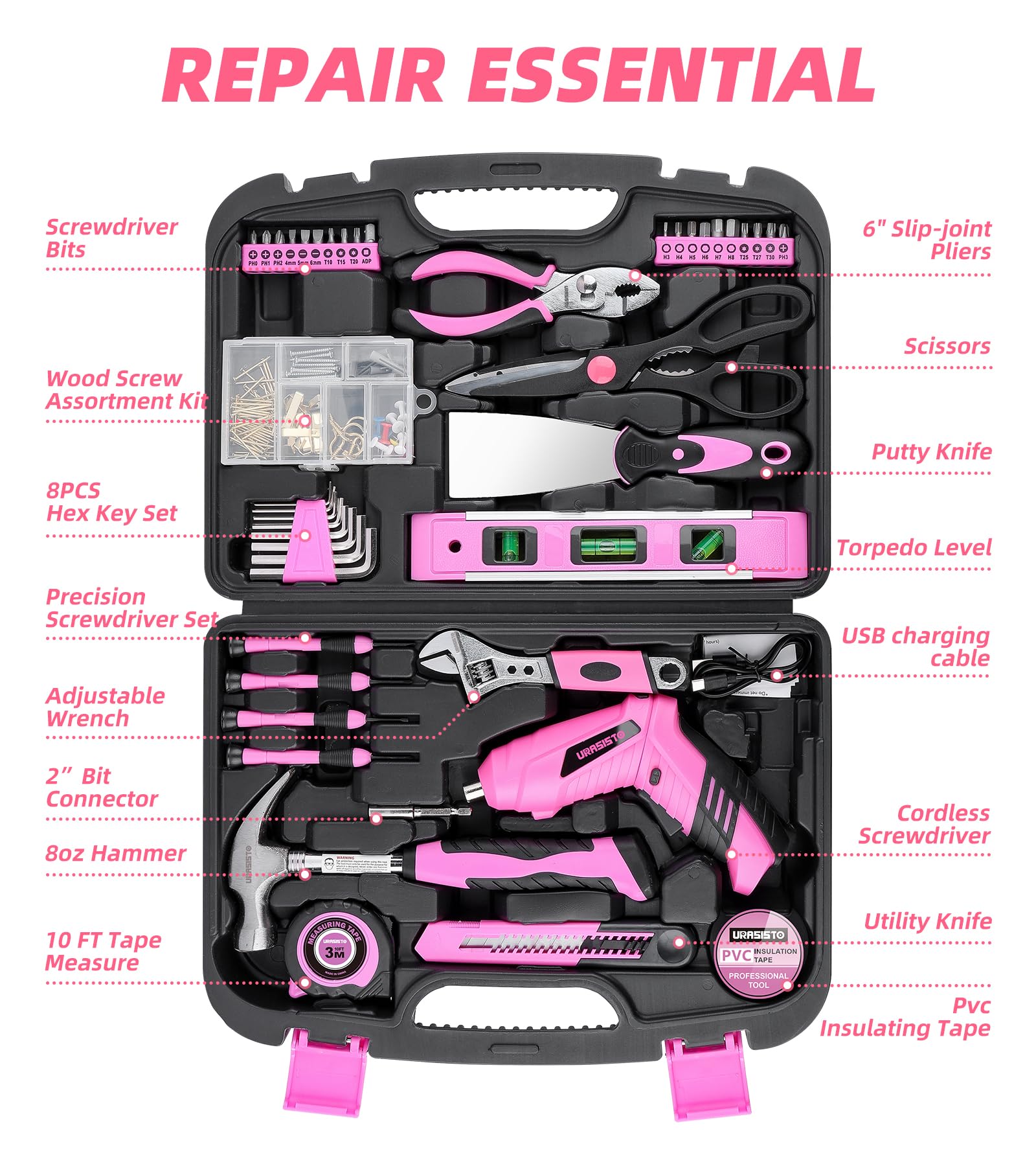 Pink 136-Piece Household Tool Set with 3.6V USB Electric Screwdriver & Cordless Lithium-ion Drill - Complete Home Repair Kit for Women | DIY Projects, Furniture Assembly, Small Repairs