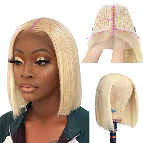 613 Blonde Bob Wigs for Black Women - 16 Inch Brazilian Remy Human Hair Lace Front Wig with Pre-Plucked Hairline, T-Part & Middle Part, Bleached Knots, 180% Density - Perfect for Daily Wear, Cosplay, and Special Occasions