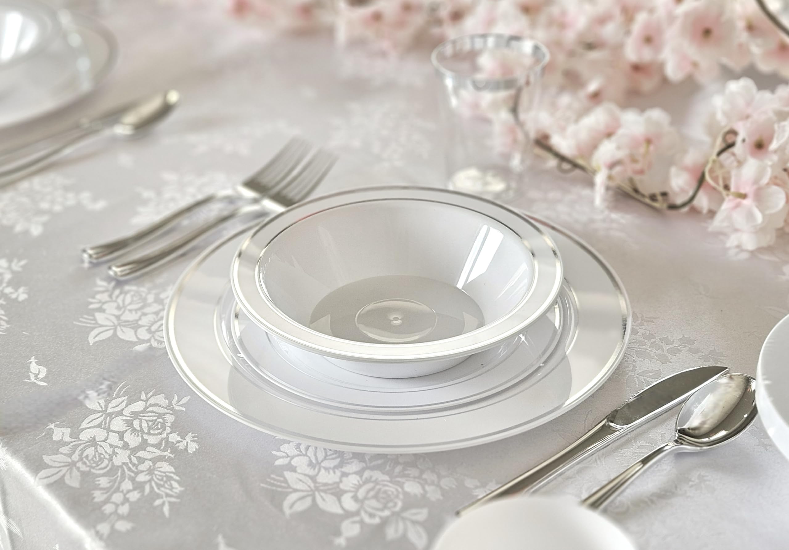 40-Pack Heavyweight Disposable Plastic Plates for Weddings & Parties - 10.5'' Elegant White Dinner Plates with Silver Rim - Perfect for Formal Events, Catering & Special Occasions