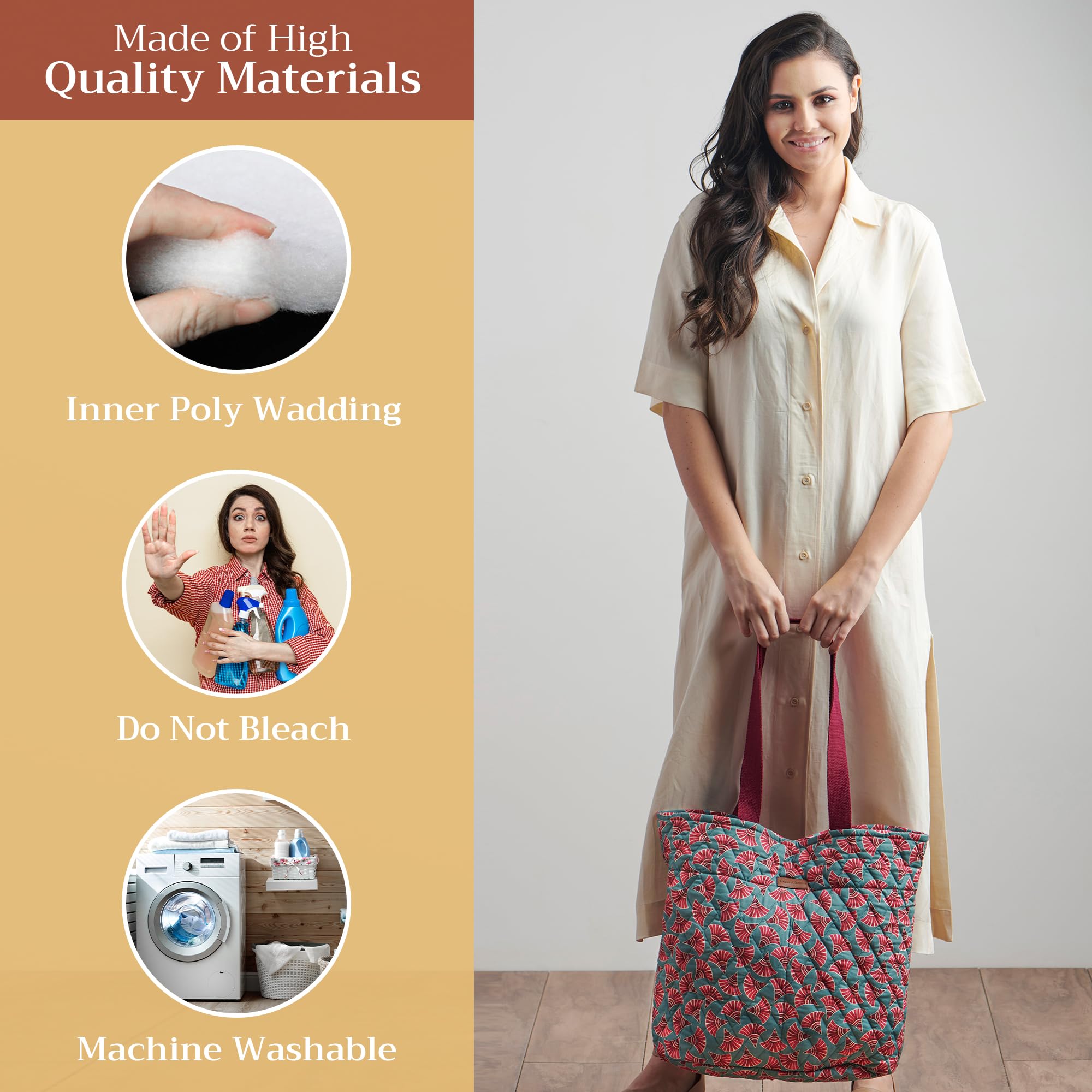 Maison d'Hermine Quilted Cotton Tote Bag with Zipper Pockets & Detachable Pouch - Stylish Shopping, Work, Travel & Lunch Bag for Women | Durable Grocery Tote for Everyday Use, Office Commute & Weekend Getaways