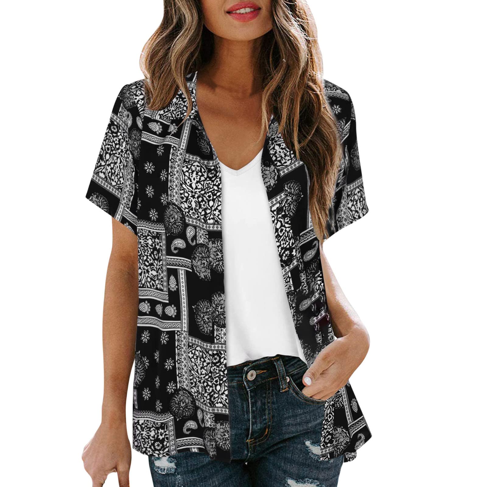 Women's Floral Short Sleeve Blouse - White Casual Top with Neck Down Design | Perfect for Office Wear, Summer Outfits & Date Nights