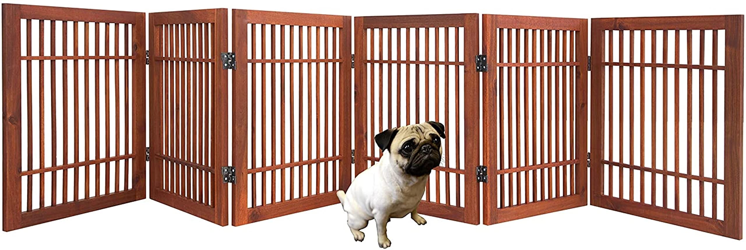 Premium Acacia Hardwood Pet Dog Gate - Freestanding, Folding & Portable Indoor/Outdoor Wooden Fence (6-Panel, 24