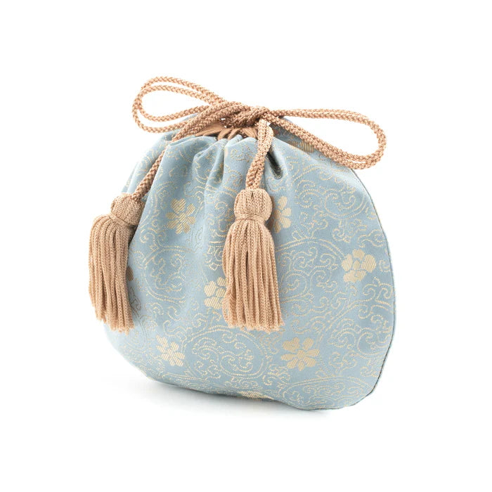 Nishijin Ori Small Drawstring Bag - Chrysanthemum & Peony Floral Design in Blue | Handmade Kyoto Japanese Traditional Craft Purse | Perfect for Gift, Cosmetics & Jewelry Storage