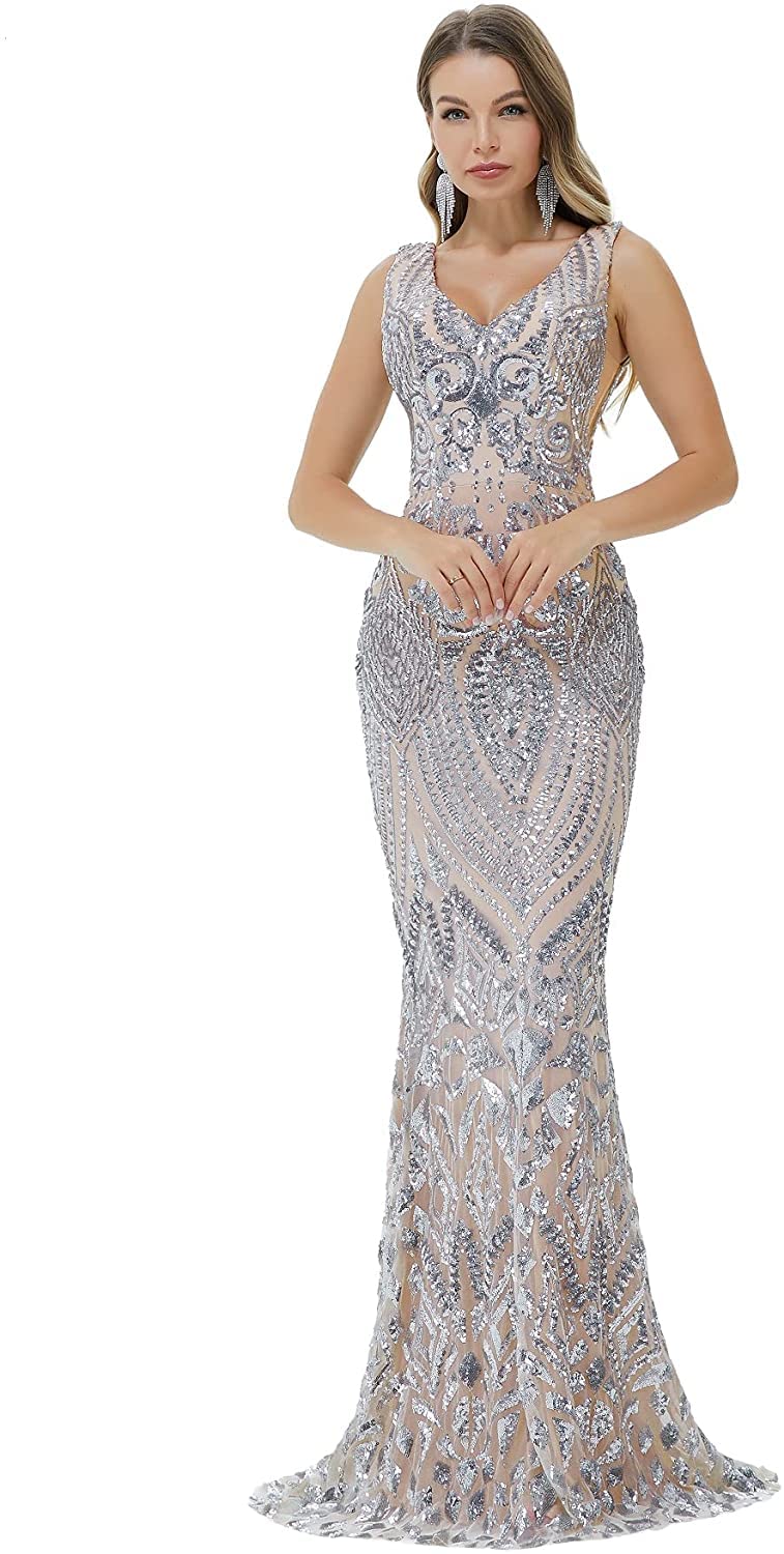 FCOMES Women's Sparkling Sequin Mermaid Evening Dress for Prom, Party, Formal Events - Elegant Short Sleeve Gown for Special Occasions & Night Out