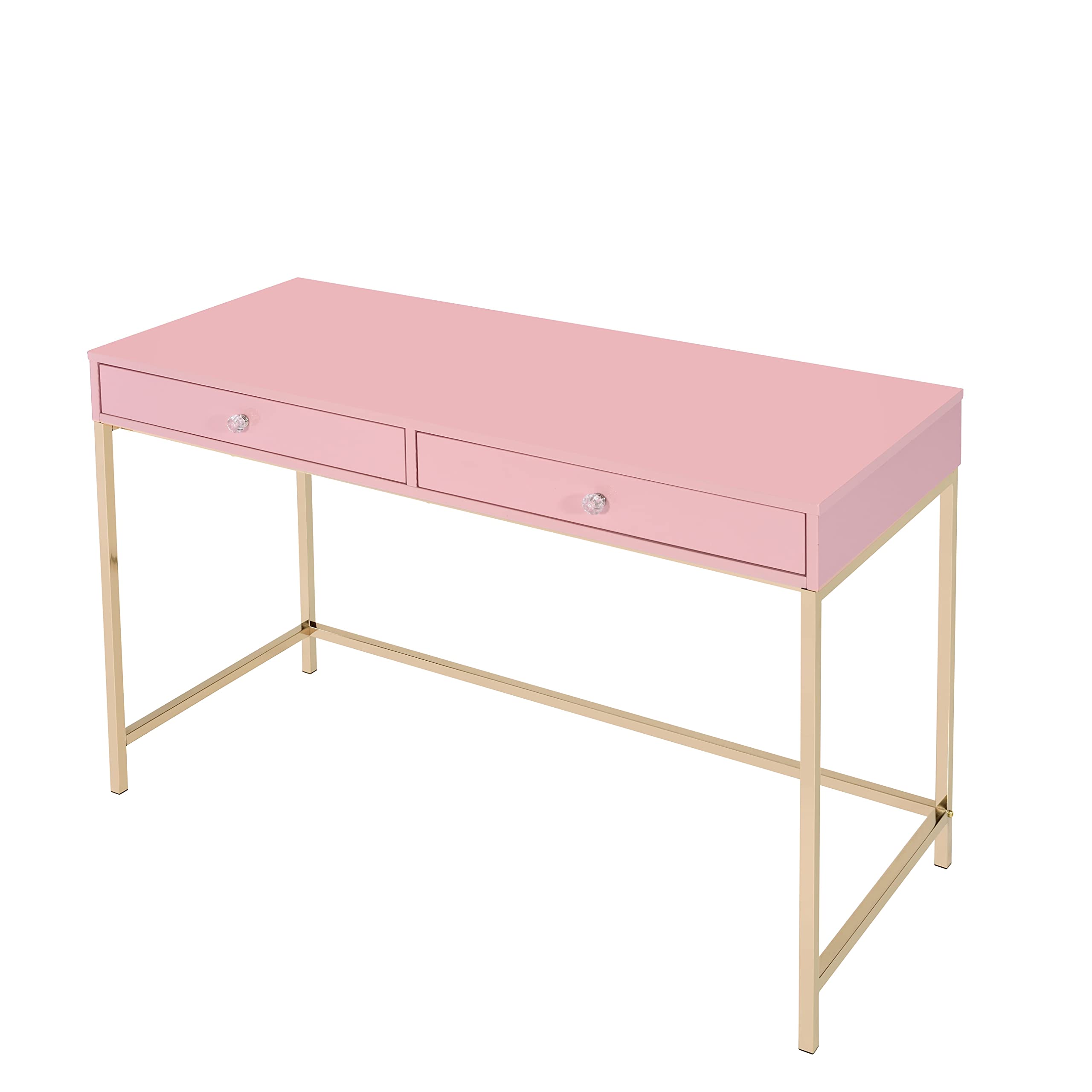 Modern Pink Writing Desk with 2 Drawers - Contemporary Home Office Computer Desk with Sturdy Metal Legs, Multifunctional Study Desk & Makeup Vanity Table for Small Spaces, Bedroom & Dorm Room