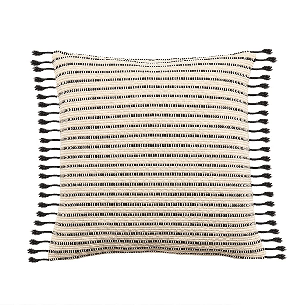 Nordic Bohemian Lumbar Throw Pillow Cover - Striped Woven Crochet Knitted Fringe Tassel Decorative Farmhouse Cushion Case for Sofa, Chair, Couch & Bed - Perfect for Boho Home Decor, Living Room Accent & Cozy Bedroom Styling