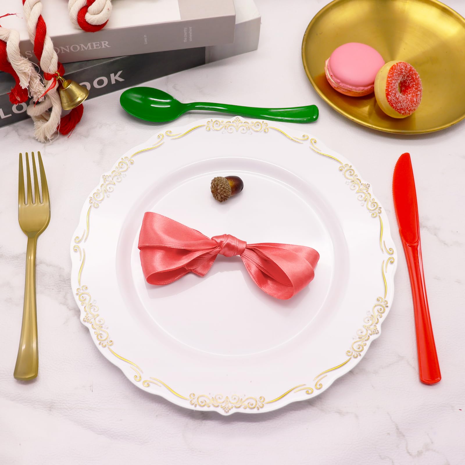 150-Piece Christmas Silverware Set - 50 Red Plastic Knives, 50 Green Spoons, 50 Gold Forks for Holiday Parties, Dinnerware & Table Decorations - Perfect for Christmas Celebrations, Family Gatherings & Festive Events