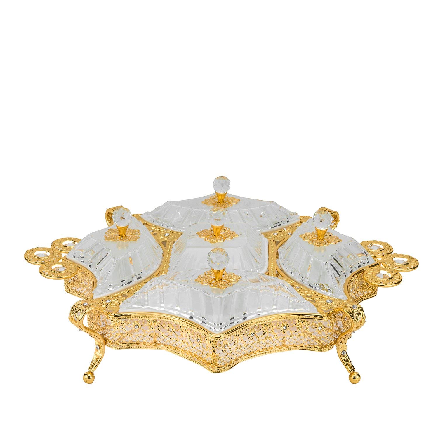 Italian Gold 5-Section Snack Serving Tray with Lids - Elegant Candy & Dessert Holder for Parties, Weddings, and Home Entertaining