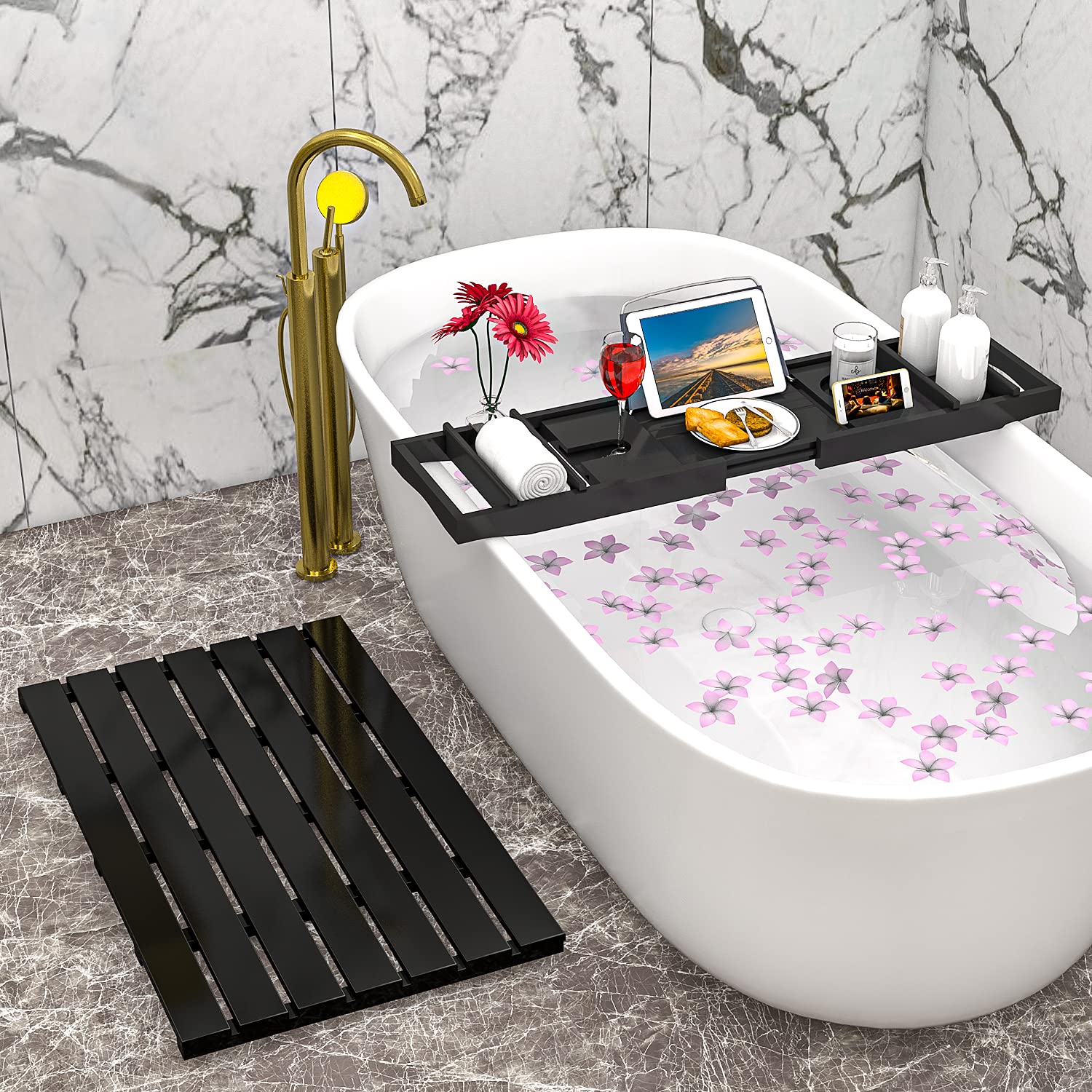 Premium Bamboo Bathtub Caddy Tray & Bath Mat Set - Spa Luxury for Relaxing Bath Time, Perfect for Wine, Books & Bath Essentials - Black