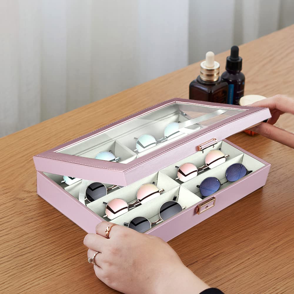 BLIENCE 8 Slot PU Leather Sunglasses Organizer Case for Women - Eyeglasses Storage Box with Clear Top & Lock, Jewelry and Watch Display Case - Perfect for Travel, Home Organization and Sunglasses Collection (Sweet Pink)