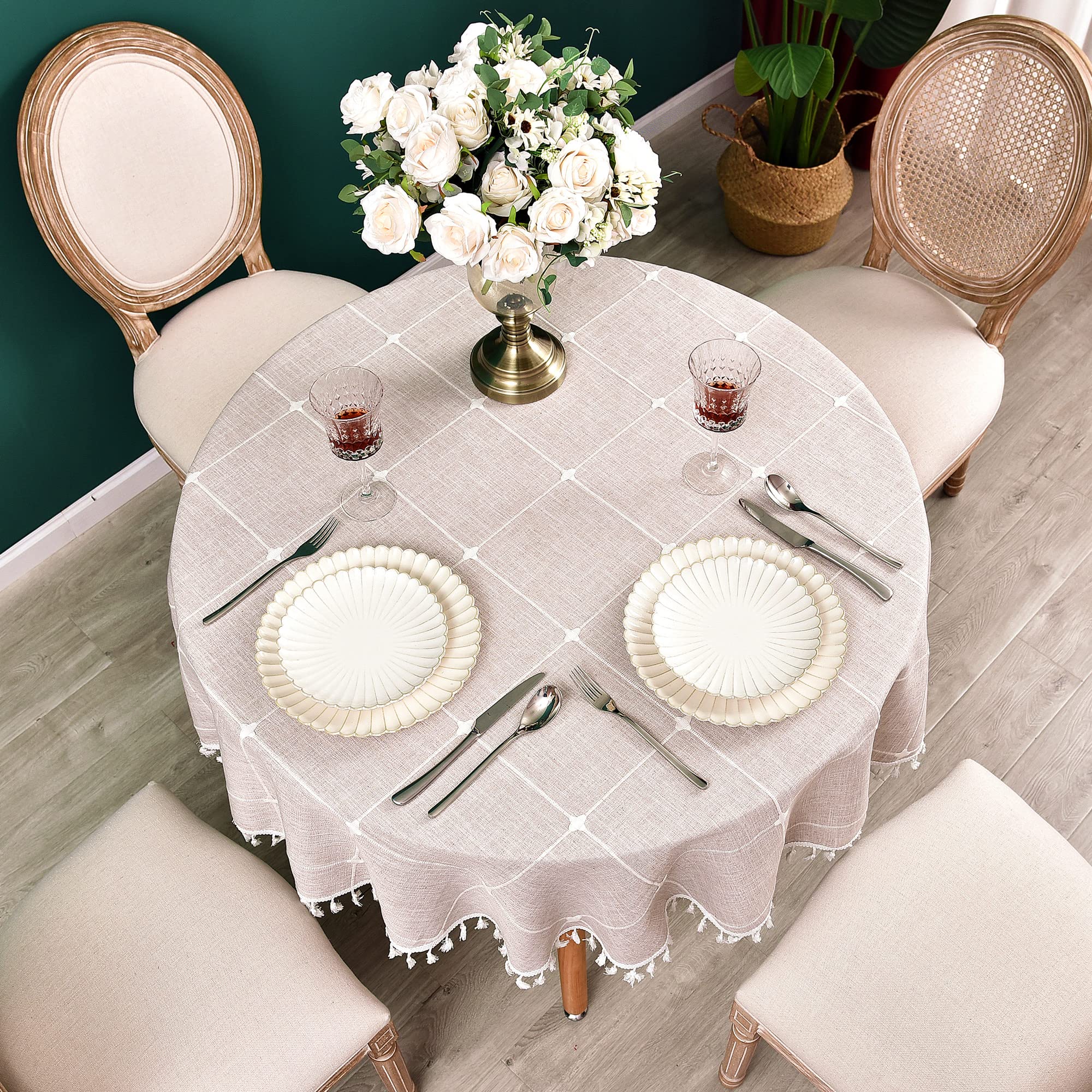 60 Inch Heavyweight Cotton Linen Round Tablecloth - Plaid Farmhouse Table Cover for Kitchen, Dining, Restaurant & Home Decor | Perfect for Coffee Tables, Picnics & Holiday Gatherings