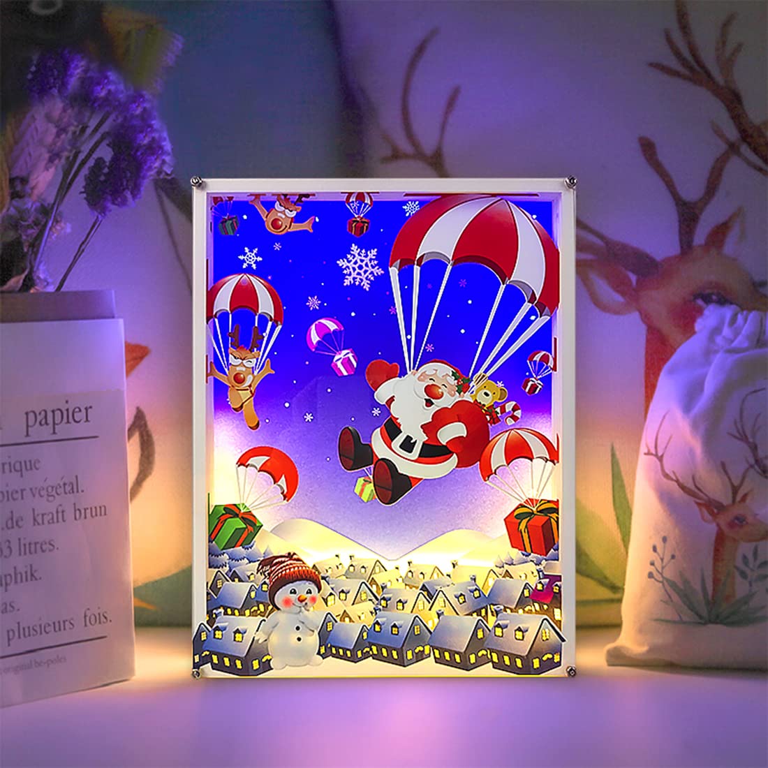 3D Paper Carving Christmas Shadow Box Night Light - LED Bedside Lamp, Desk Lamp for Home Decor, Gift for Holidays, Birthday & Anniversary - Perfect for Bedroom, Nursery, Living Room & Office Lighting