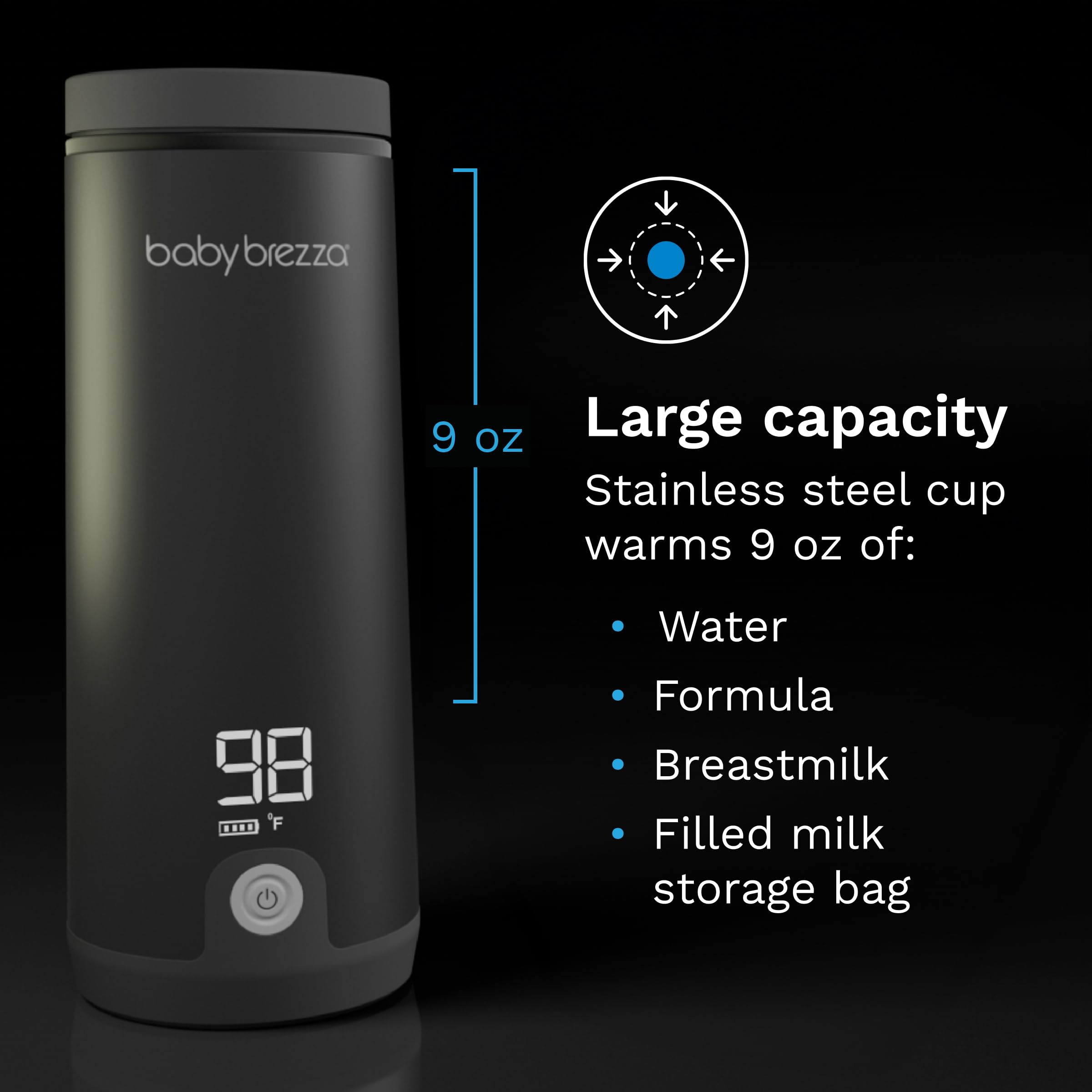 Baby Brezza Superfast Portable Baby Bottle Warmer - 50% Faster Heating for Breastmilk & Formula - Safe Even Warming Up to 9oz - No Adapters Needed - Compact Travel Design (Black) - Perfect for On-the-Go Parents, Daycare, and Traveling with Baby
