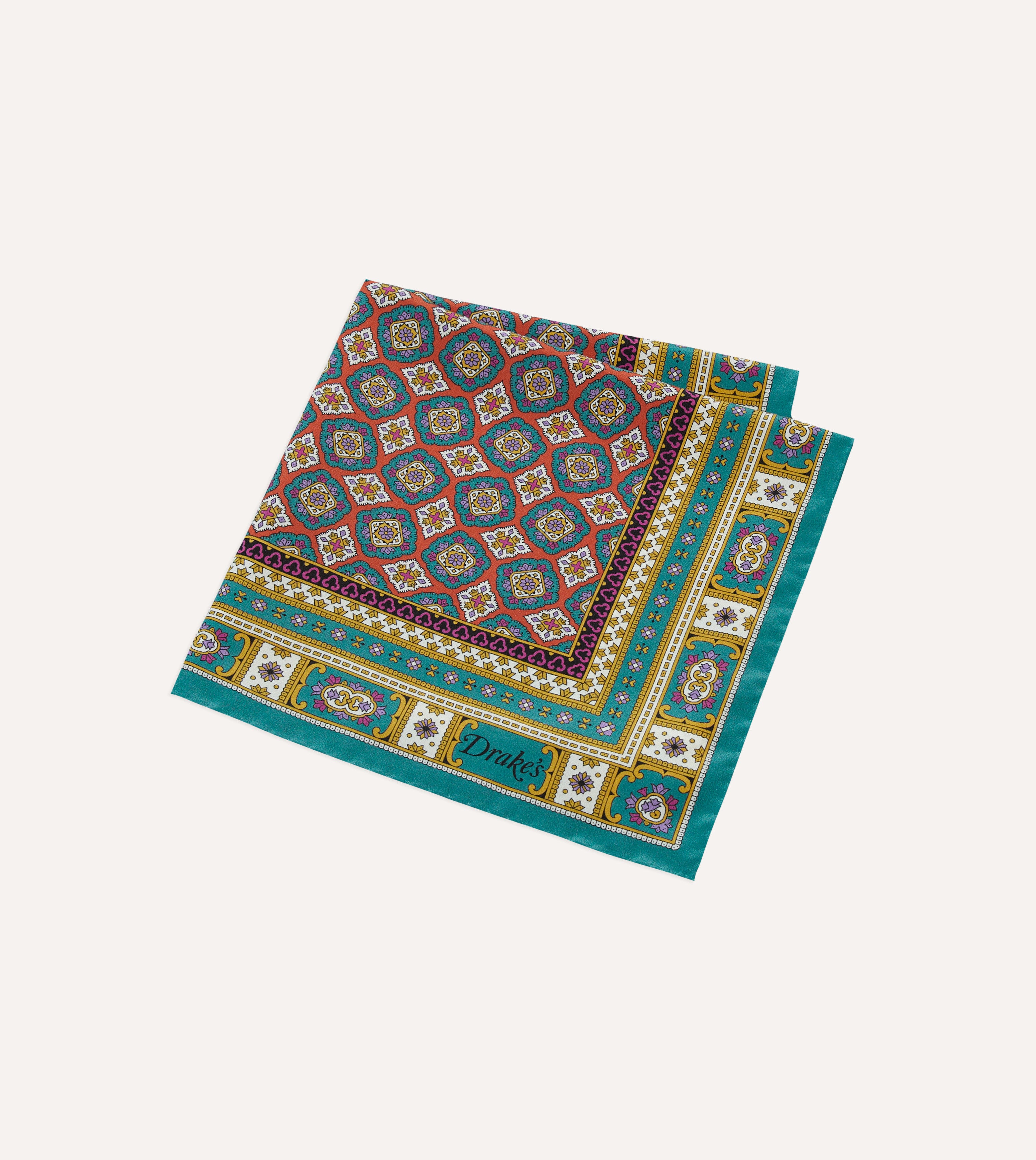 Elegant Green, Red & Gold Floral Medallion Print Silk Pocket Square for Men - Perfect for Weddings, Business & Formal Events