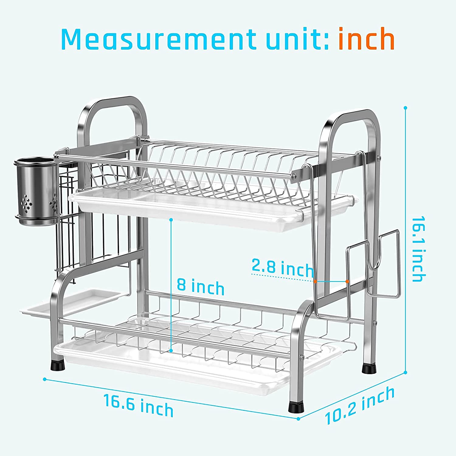 Kesig® 2-Tier Stainless Steel Dish Drying Rack with Drain Board - Space Saving Kitchen Countertop Organizer with Utensil Holder & Cutting Board Storage - Perfect for Small Apartments, RV Kitchens & Dish Drainer Needs (1-Pack)