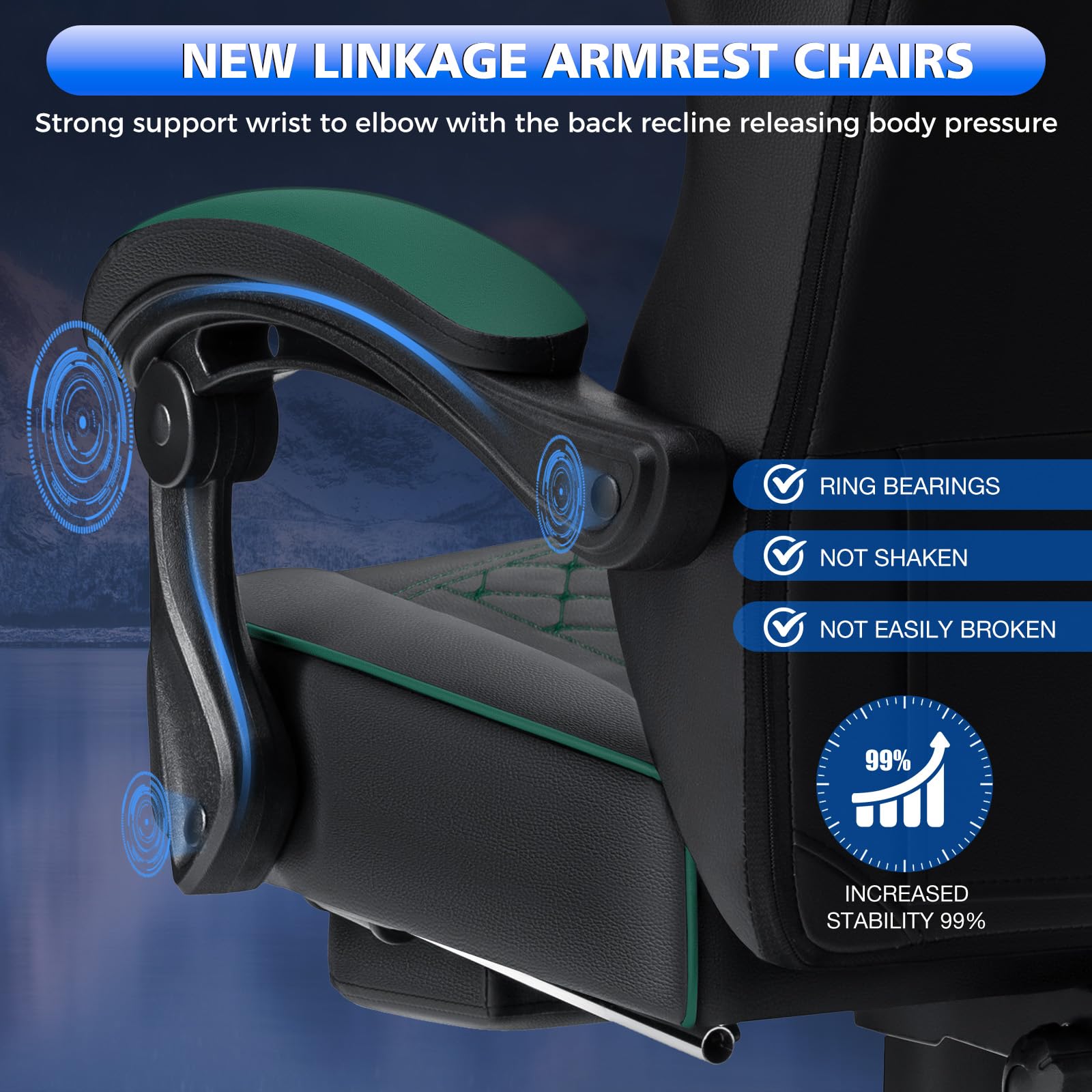 HOFFREE Ergonomic Gaming Chair with Bluetooth Speakers, Massage & Footrest - High Back Reclining Computer Chair for Adults - Green & Black - Perfect for PC Gaming, Office Work & Home Entertainment