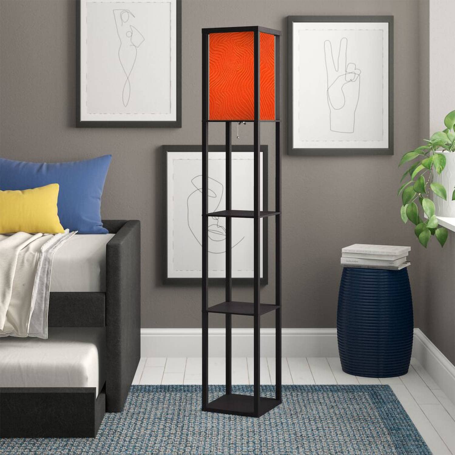 Modern LED Floor Lamp with Shelves & Linen Shade - Tall Corner Standing Lamp for Living Room, Bedroom, or Office - Stylish Lighting for Home Decor, Reading Nook & Cozy Ambiance