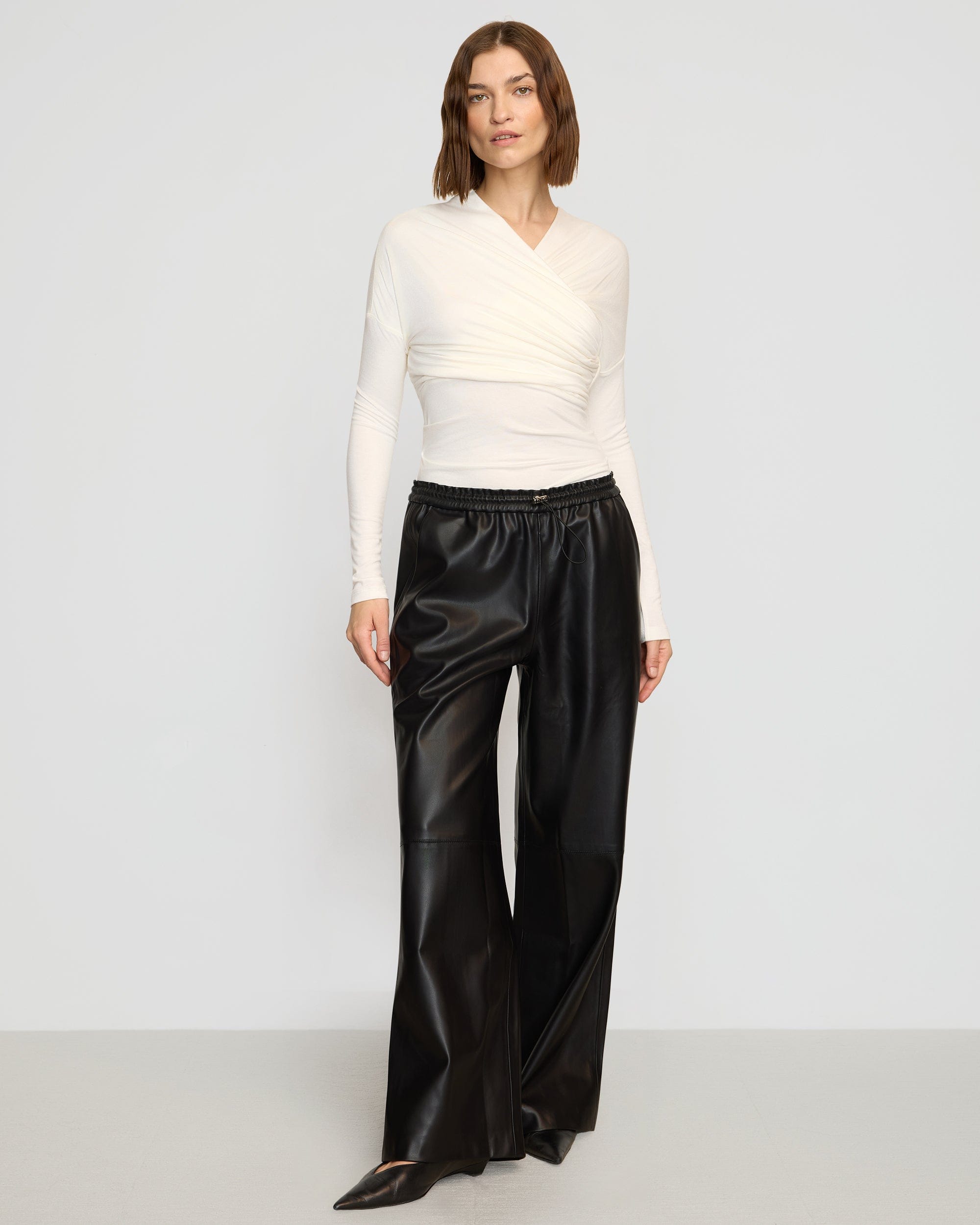 Lianne Vegan Leather Drawstring Pants for Women - Stylish & Comfortable High Waisted Trousers for Work, Travel & Casual Outfits
