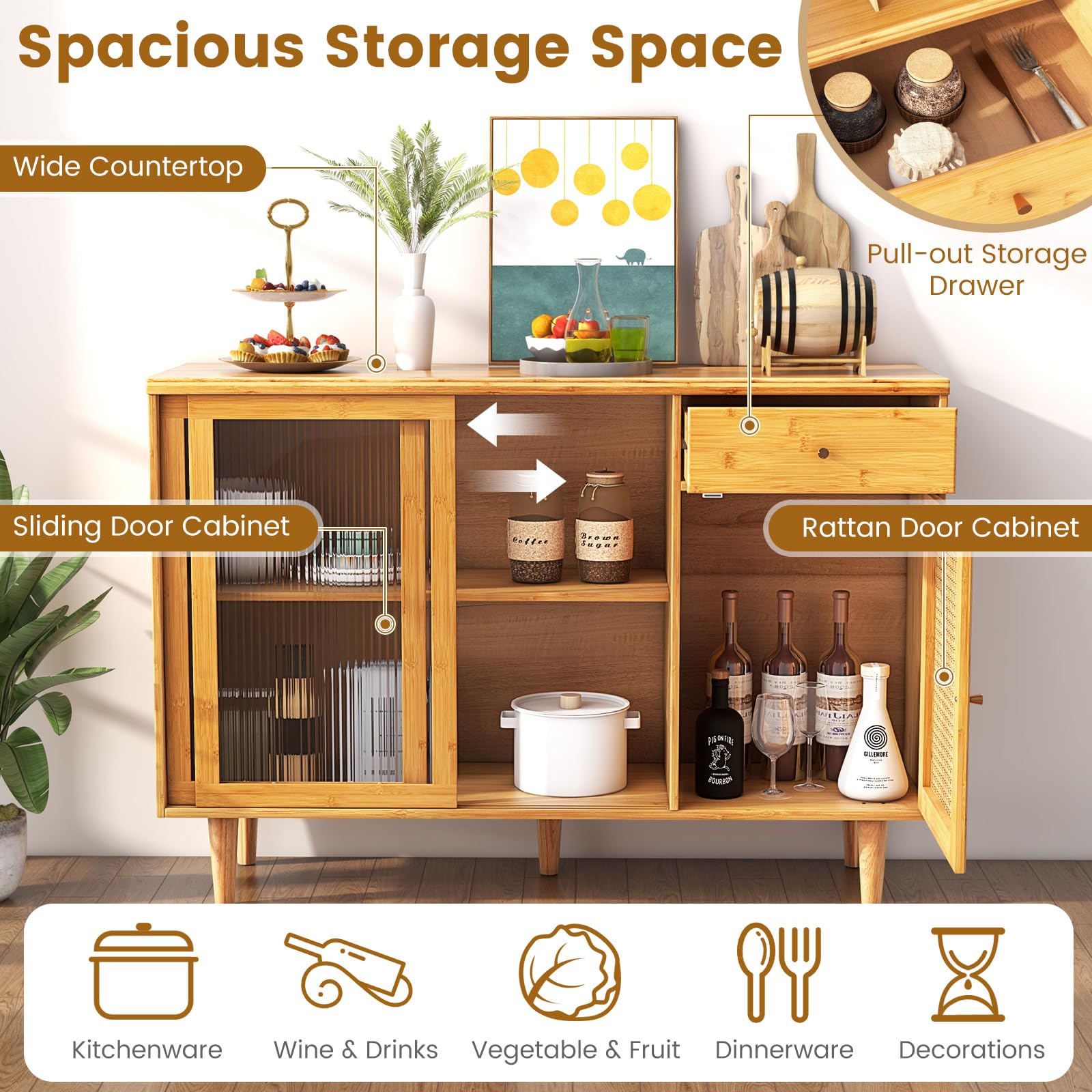 Giantex Bamboo Buffet Cabinet with Storage - Farmhouse Style Sideboard with Drawers & Rattan Glass Doors - Kitchen Cupboard, Entryway Console Table for Dining Room, Coffee Bar - Perfect for Home Decor, Entertaining & Storage Solutions