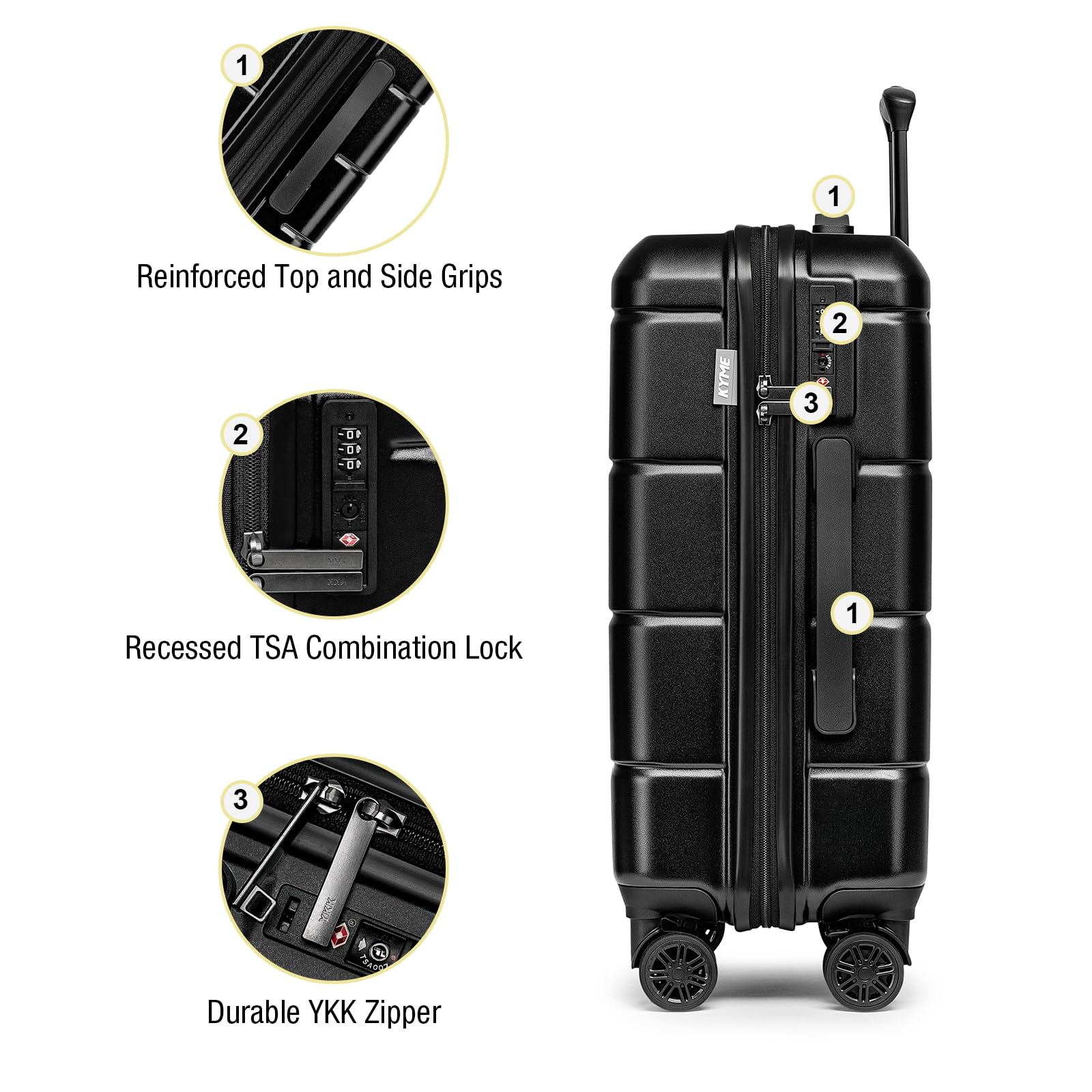 **KYME 22 Inch Hardside Carry On Luggage - Airline Approved 22x14x9 Hard Shell Spinner Suitcase with TSA Lock, Cup Holder & Smooth Wheels - Perfect for Business Travel, Weekend Getaways & Vacations (Black, Unisex)**