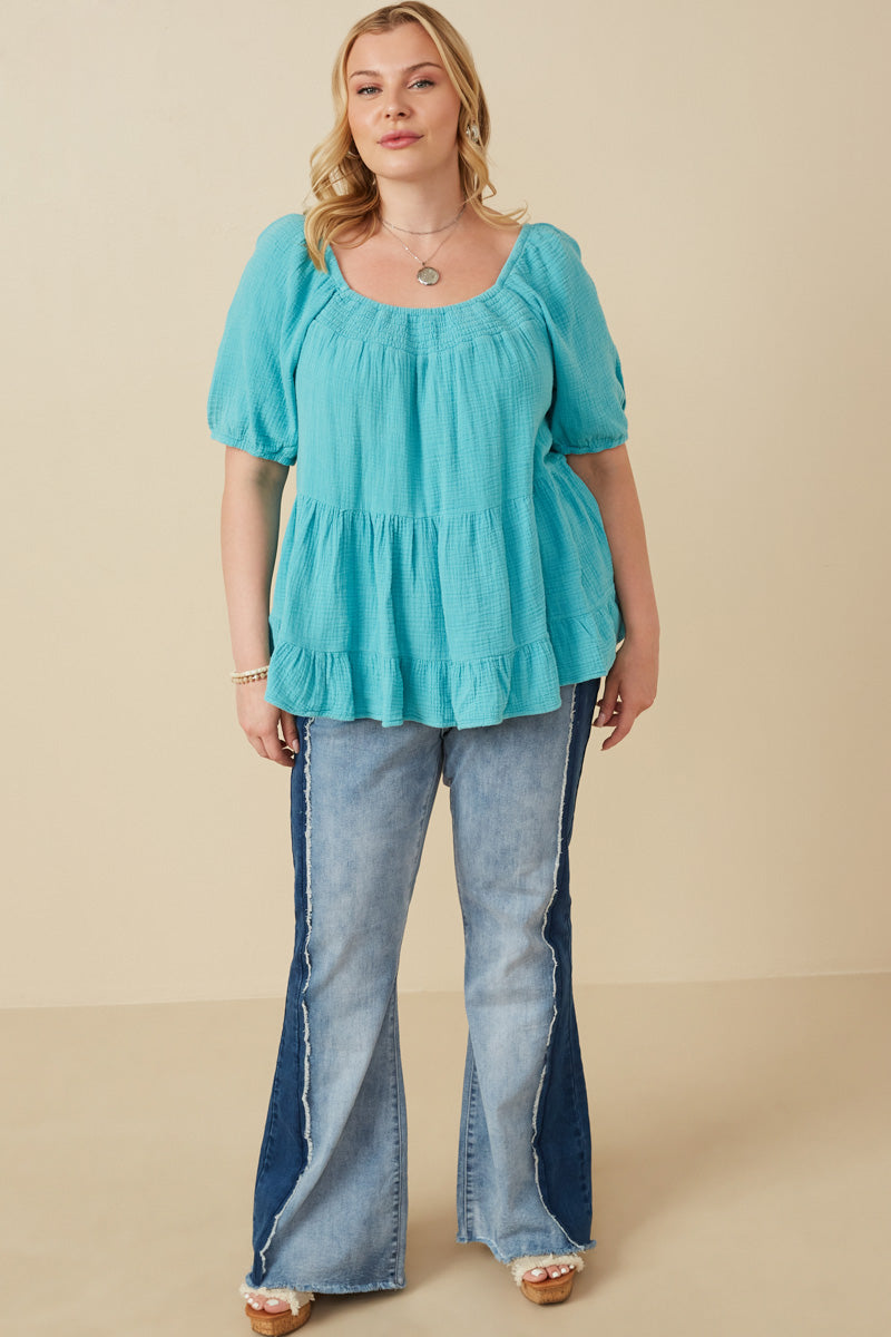 Washed Smock Detail Puff Sleeve Gauze Top - Women's Boho Chic Blouse for Casual Outings & Summer Vacations