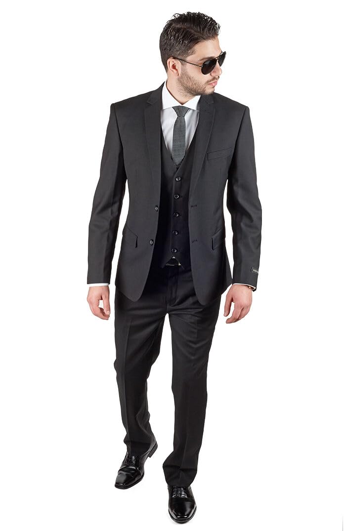 AZAR MAN Slim Fit 3 Piece Suit Set - Black Formal Vested Suit with 2 Button Notch Lapel for Business, Wedding & Special Occasions