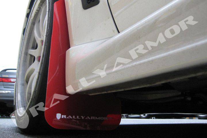 Rally Armor UR Red Mud Flaps with Logo for 2008-2017 Mitsubishi Lancer EVOLUTION GSR MR SE SAM - Durable Splash Guards for Off-Road & Street Racing Protection