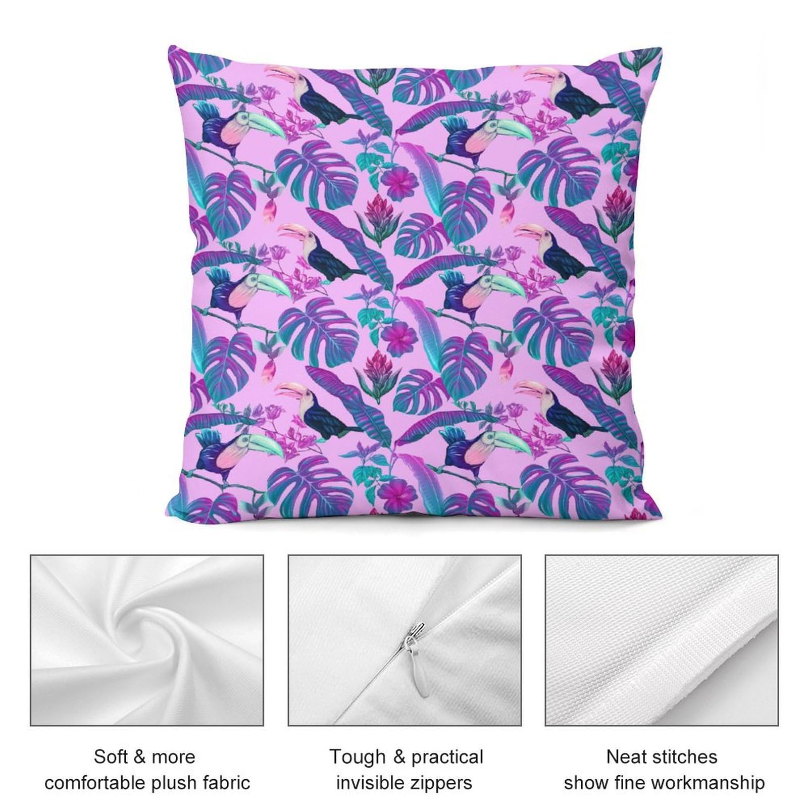 Soft Tropical Monstera & Toucan Plush Pillow Covers Set of 4 - 26x26 Inch Smooth Cushion Cases for Sofa, Bed, Living Room Decor | Perfect for Home, Nursery, Dorm & Gift