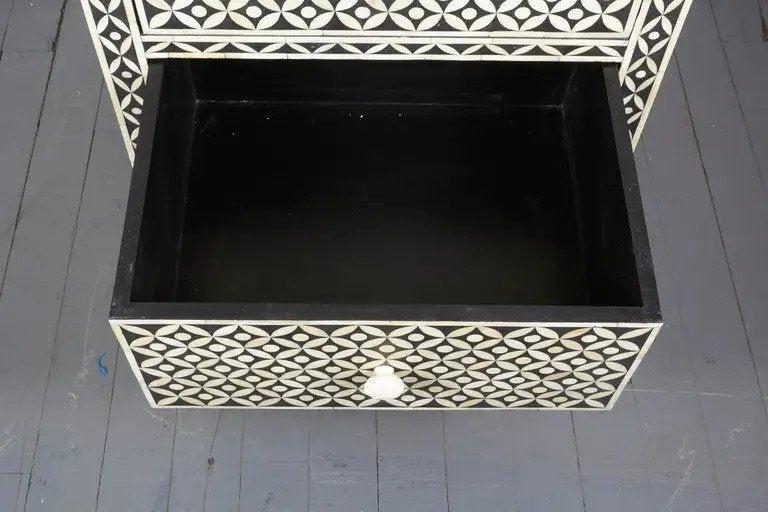 Handmade Bone Inlay Dresser - Black & White Tallboy Chest with 4 Drawers for Bedroom Storage & Home Decor