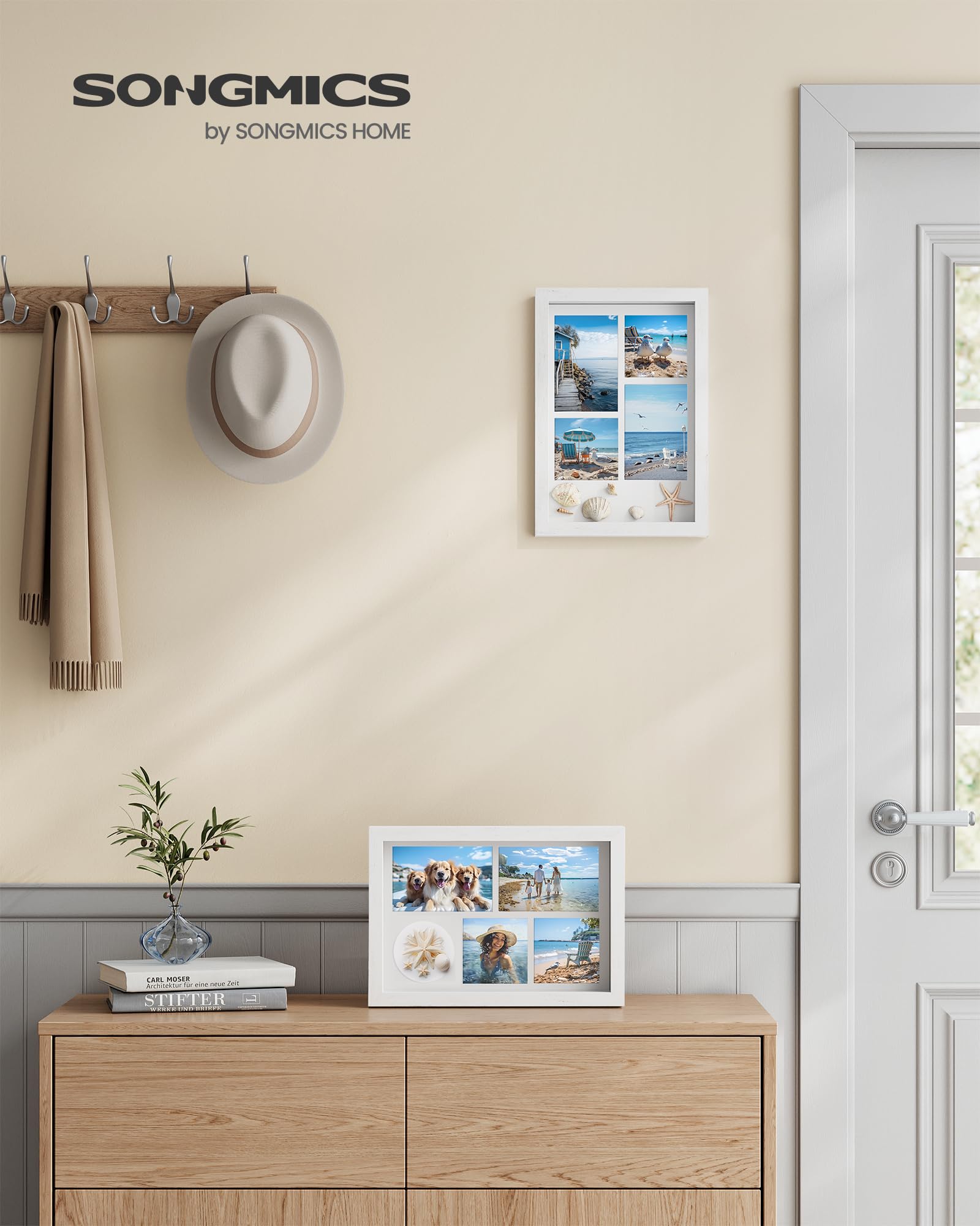SONGMICS Shadow Box Frame Set of 2 - 1.3 Inch Deep Memory Display Case for Desk & Wall Decor - Rustic White Photo Frame with 8 Wood Push Pins, 6 Mats & 3 Non-Trace Nails - Perfect for Home Office, Nursery Decor & Gift Giving