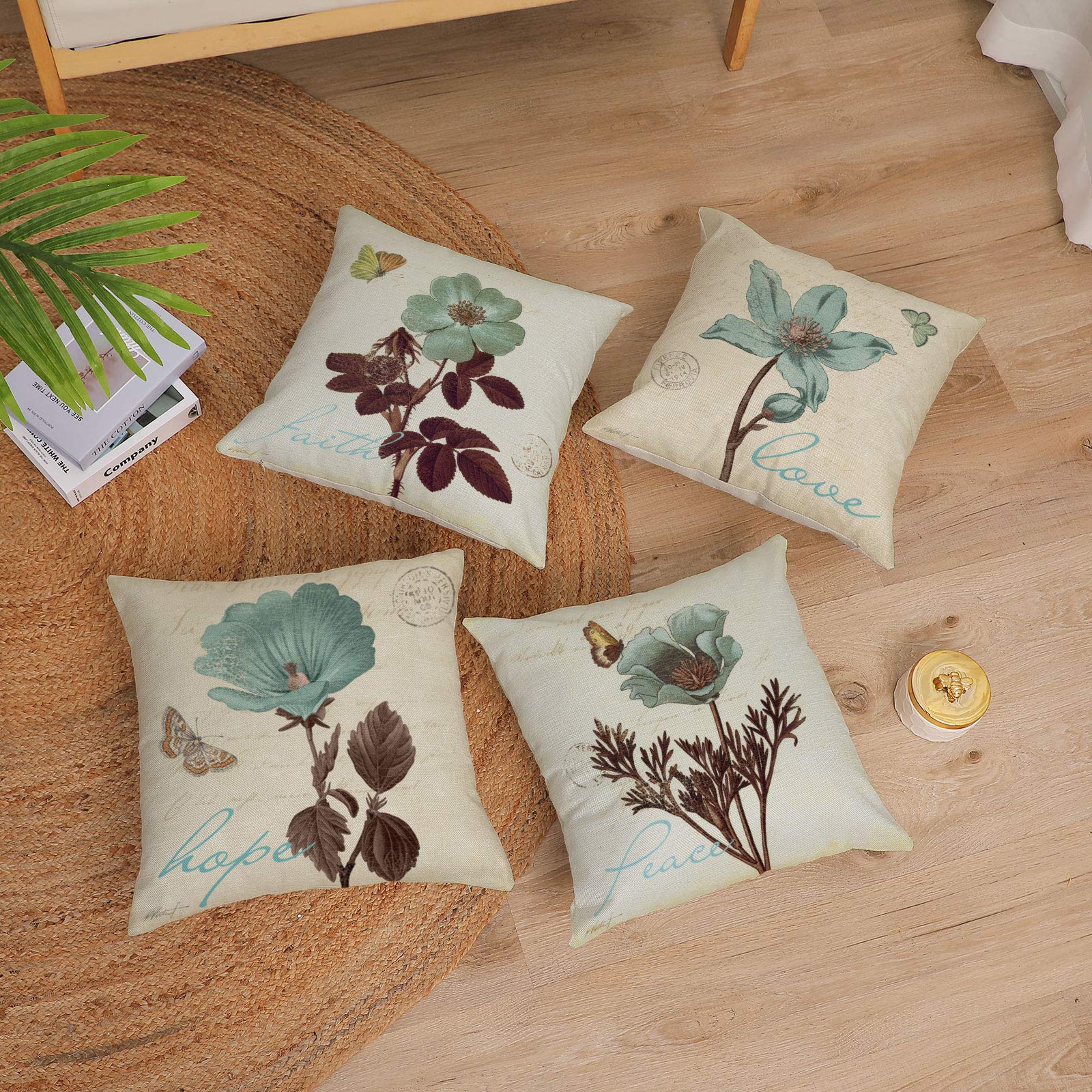 4-Pack Lotus Leaf Butterfly Floral Throw Pillow Covers - 26x26 Inch Cotton Linen Square Cushion Cases for Sofa, Bed, Car & Home Decor - Perfect for Living Room, Bedroom, Outdoor Patio and Interior Design