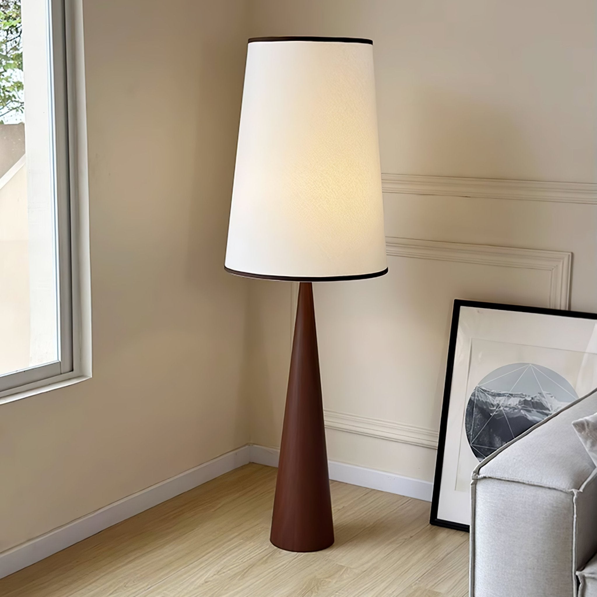 Modern Faux Wood Conical Floor Lamp - Adjustable Height Standing Light for Living Room, Bedroom & Office - Warm White LED Lighting for Cozy Home Decor